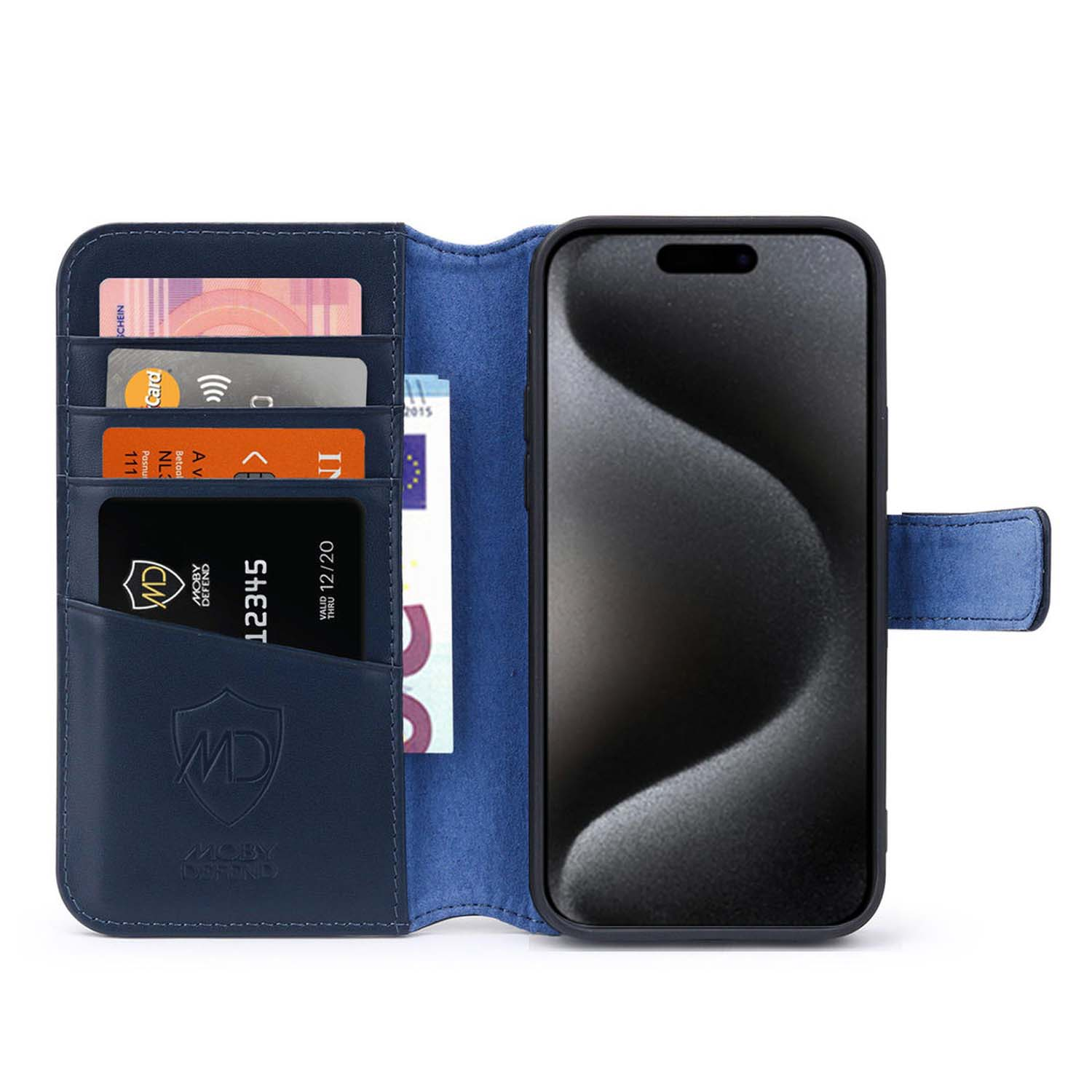 Un étui portefeuille noir, avec des cartes et de la monnaie dans le portefeuille. Le téléphone est ouvert.