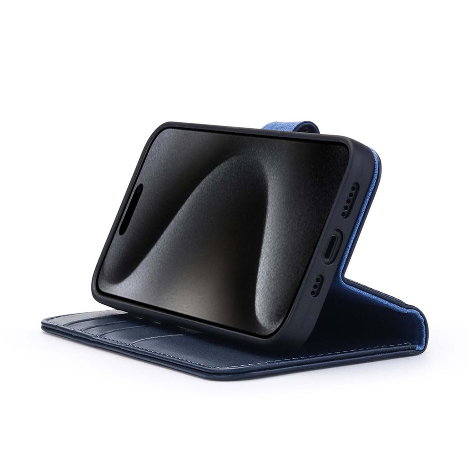 Étui de téléphone bleu avec téléphone à l'intérieur. L'étui est ouvert, avec un téléphone. Affichant écran.