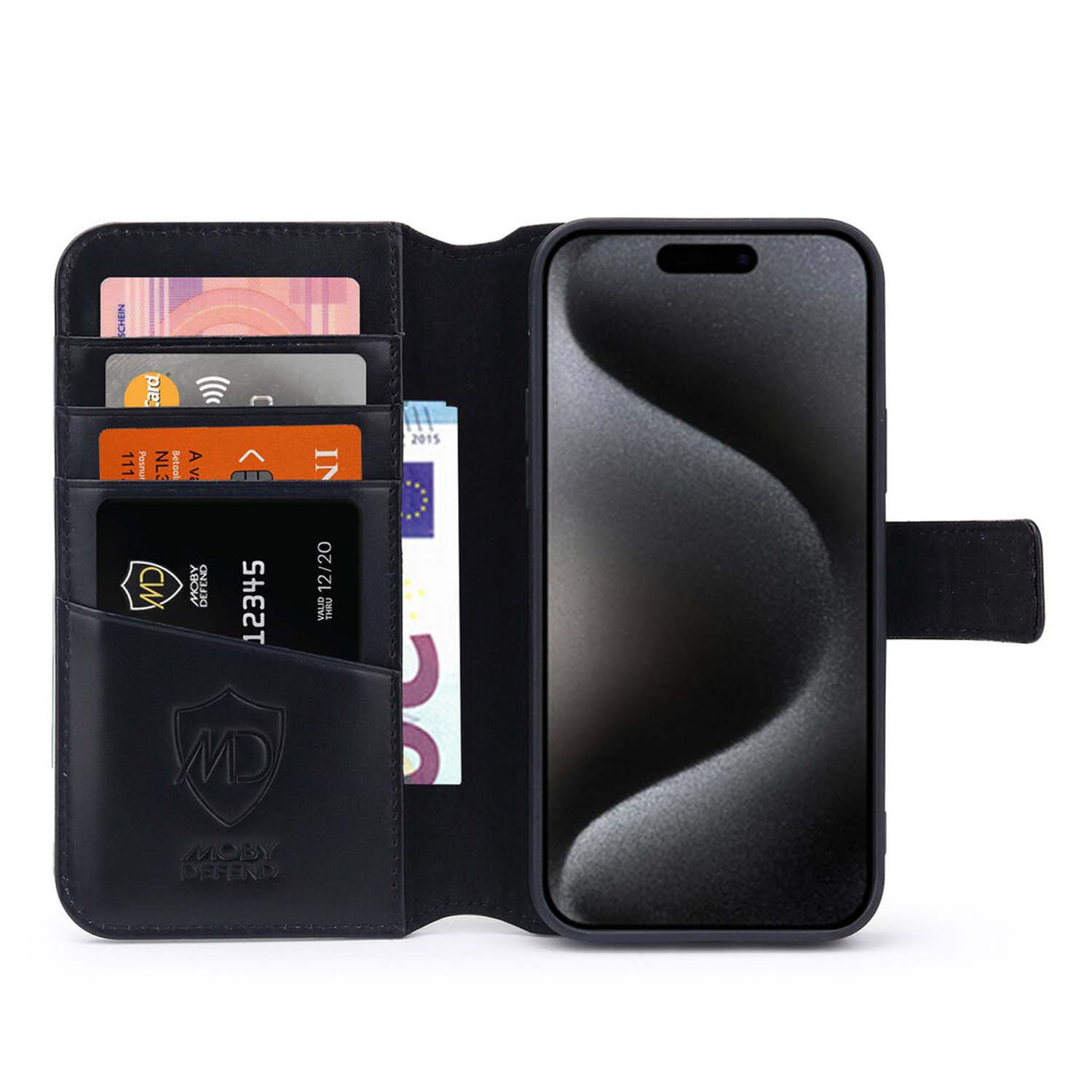 Étui noir avec fonction portefeuille. Contient cartes et téléphone. Téléphone ouvert. Cartes et argent visibles.