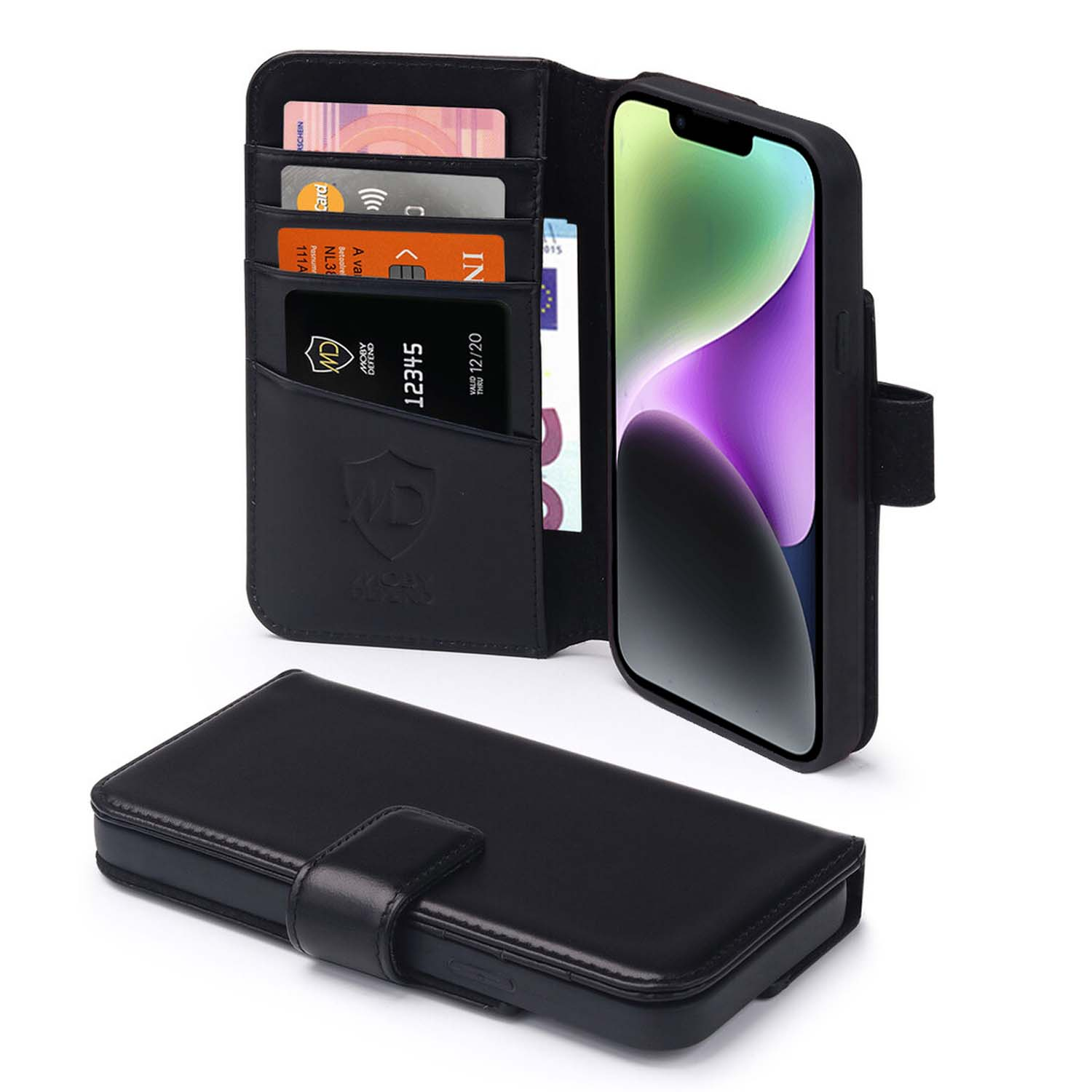 Zwarte telefoonhoes met kaarten en een iPhone 14.