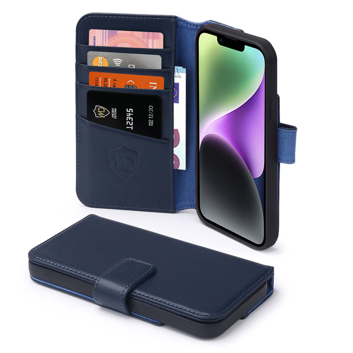 Een blauwe telefoonhoes open met kaarten en een telefoon. De telefoon is zwart met een leeg scherm.