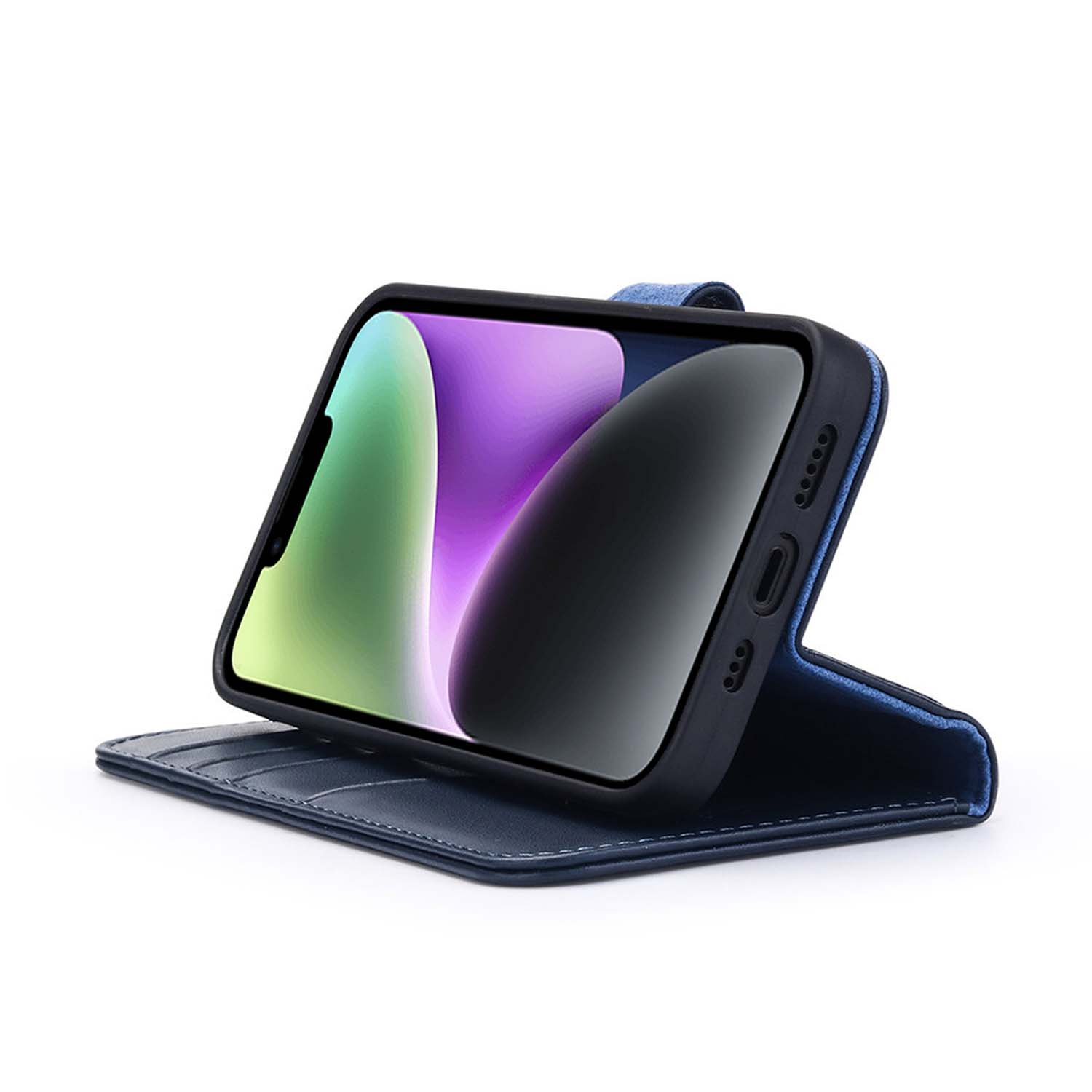 Blauwe telefoonhoes met een telefoon met een display. De hoes is open, op een witte achtergrond.