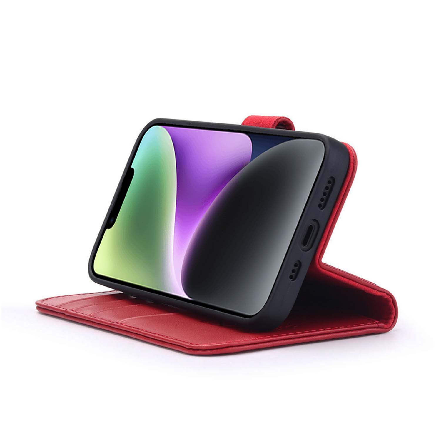 Rode telefoonhoes met telefoon erin. De telefoon leunt tegen de hoes en toont een kleurrijk scherm.