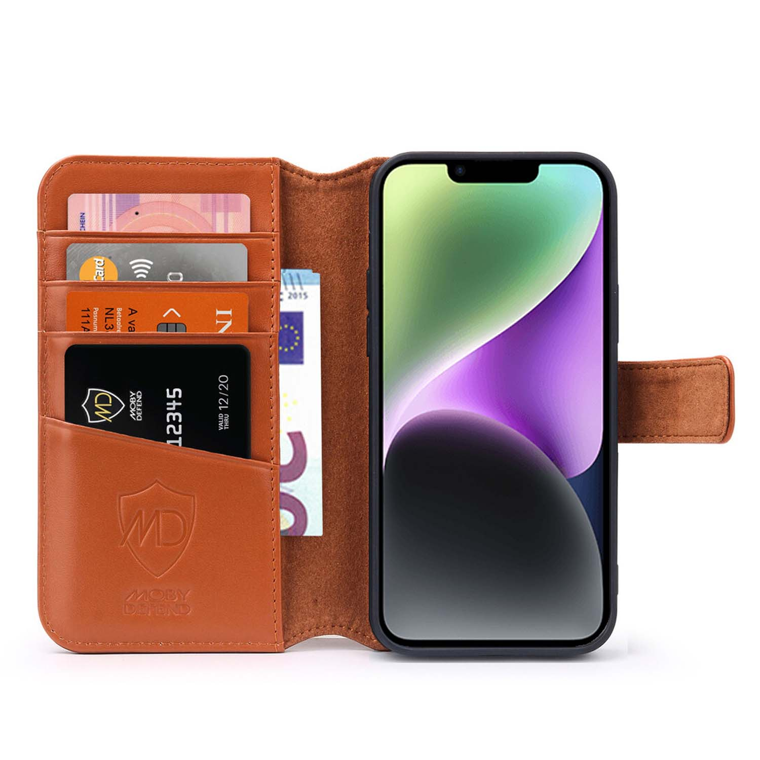 Étui de téléphone marron avec des cartes et un téléphone à l'intérieur. Les cartes sont visibles. Le téléphone affiche une image colorée.