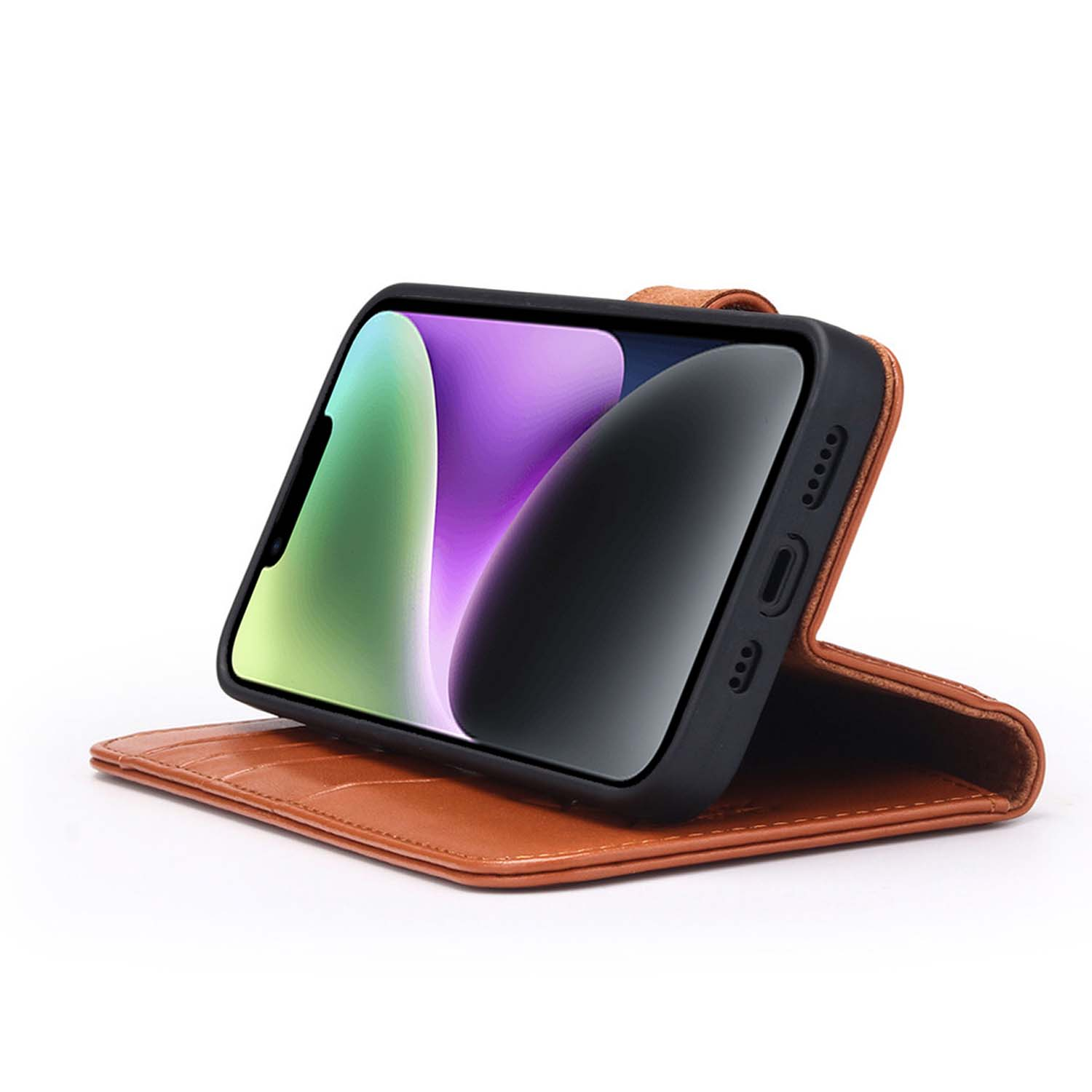 Étui de téléphone marron avec un téléphone affichant un écran. L'étui est ouvert, sur fond blanc.
