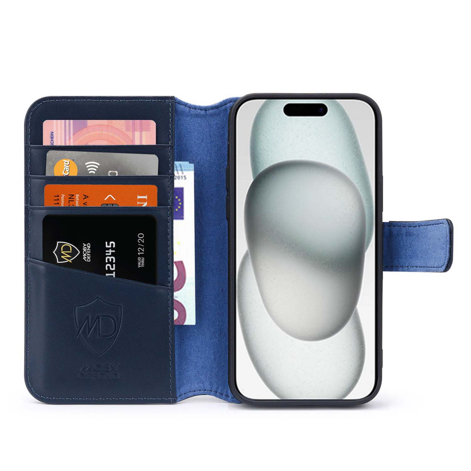 Blue phone case with wallet feature. Holds cards and a phone. Phone is open. Cards and money visible.