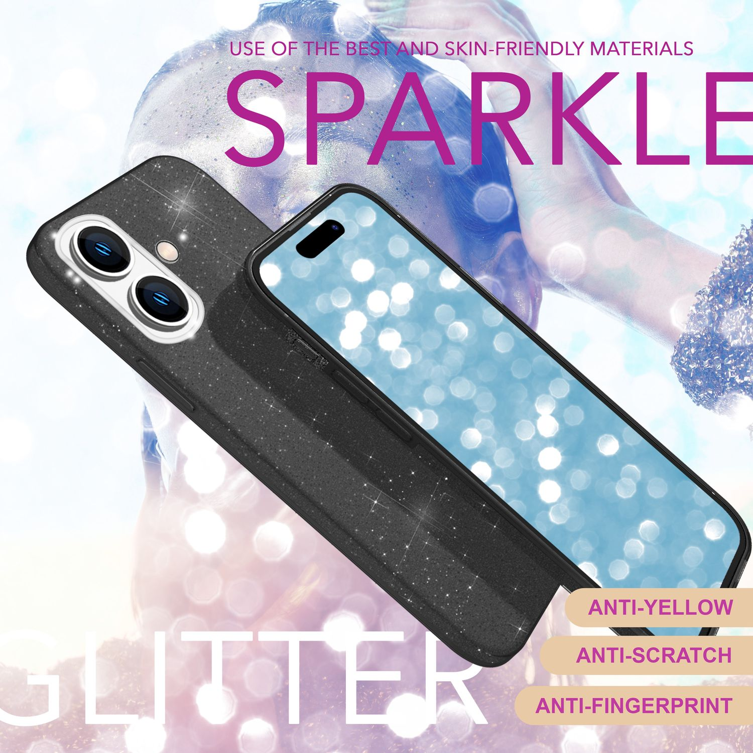Eine schwarze Handyhülle mit Glitzer und Textüberlagerung, mit einem Handy darin.