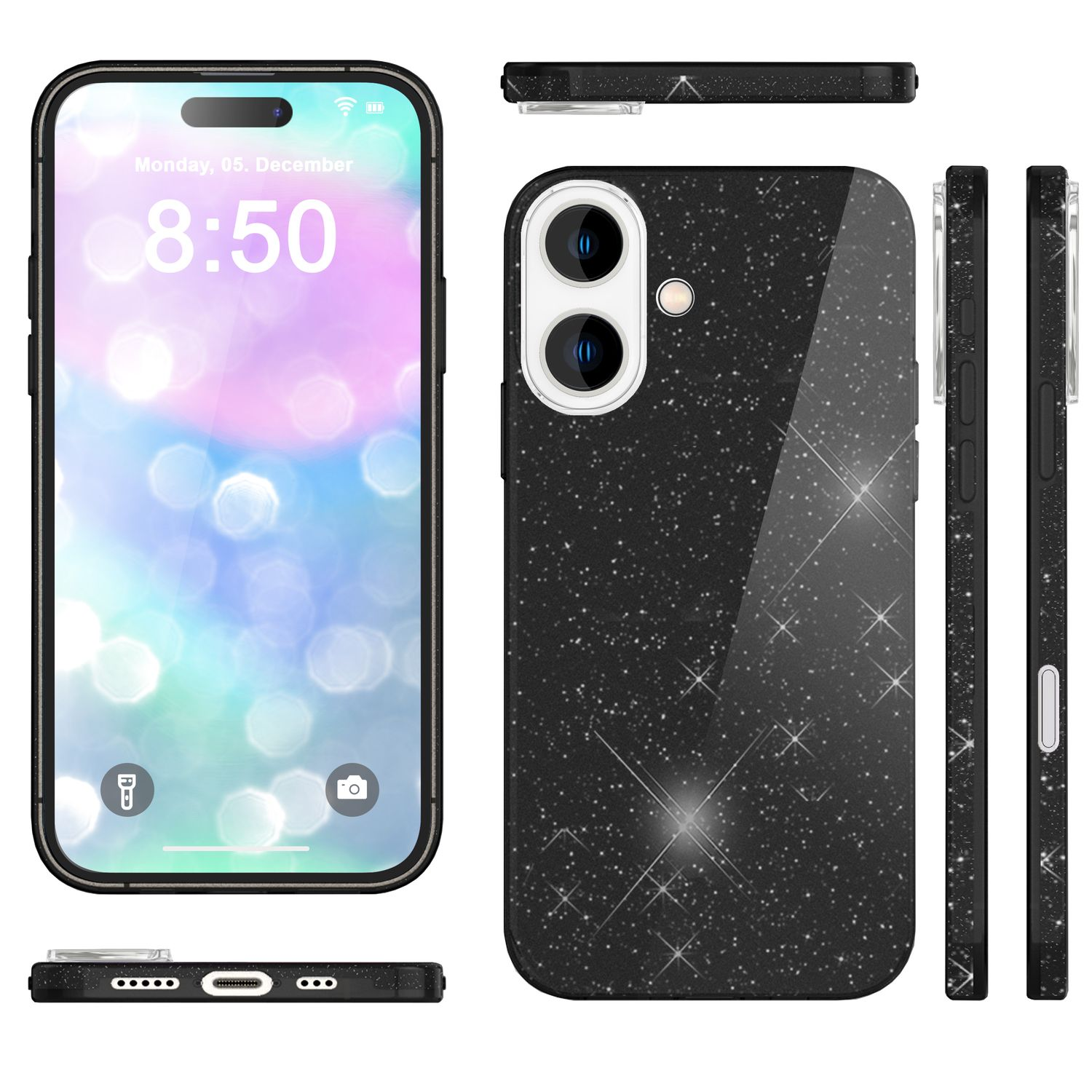 Verschiedene Ansichten einer schwarzen Handyhülle mit glitzerndem, sternförmigem Design. Der Bildschirm ist sichtbar.