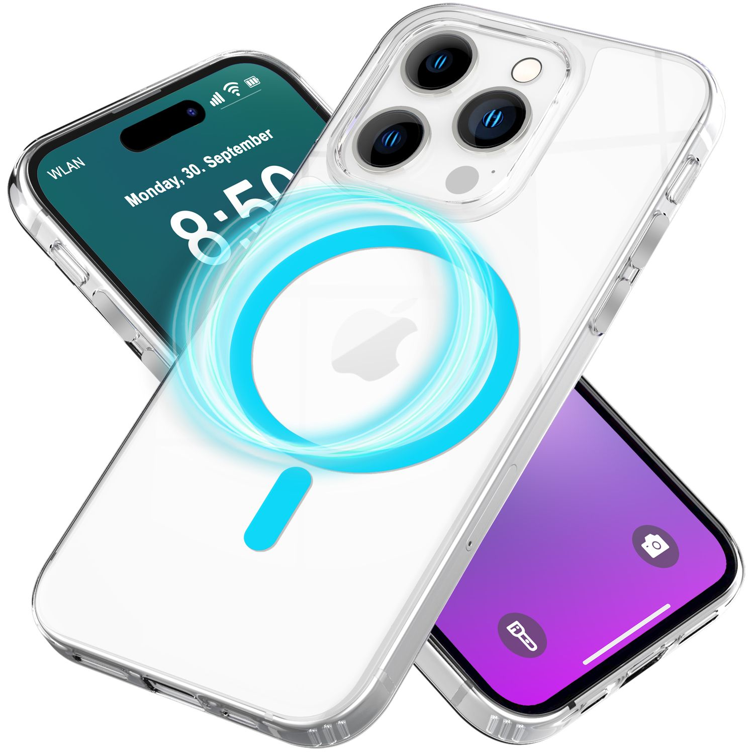 Zwei Telefone, eines mit einer transparenten Hülle, die einen blauen Kreis zeigt. Das andere zeigt ein Datum.