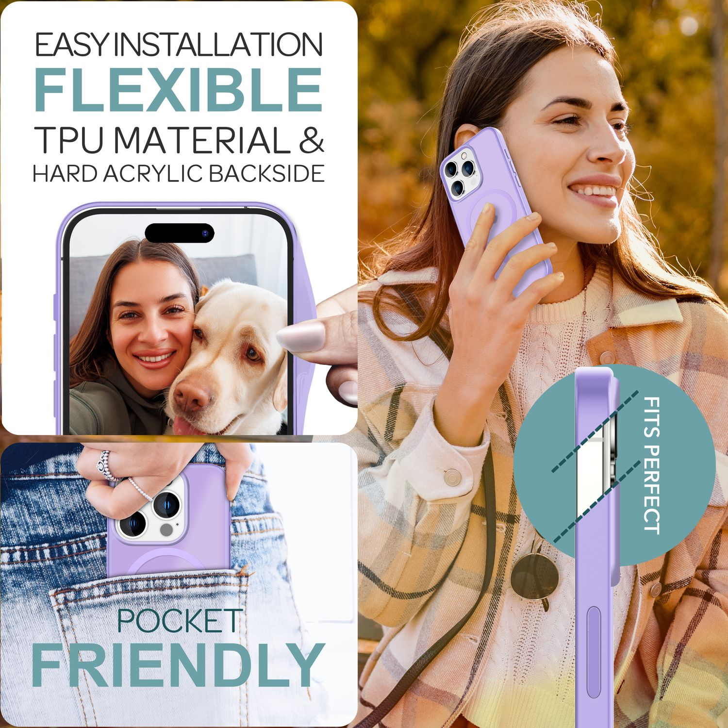 Donna che tiene un telefono con custodia. Testo: Tascabile. Si adatta perfettamente. Materiale flessibile.