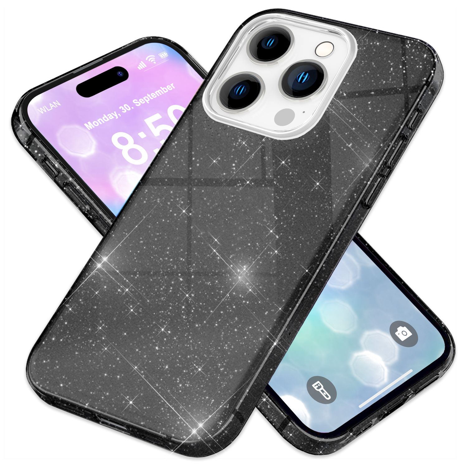 Zwei Smartphones in einer glitzernden Hülle, zeigen Bildschirme, auf weißem Hintergrund.