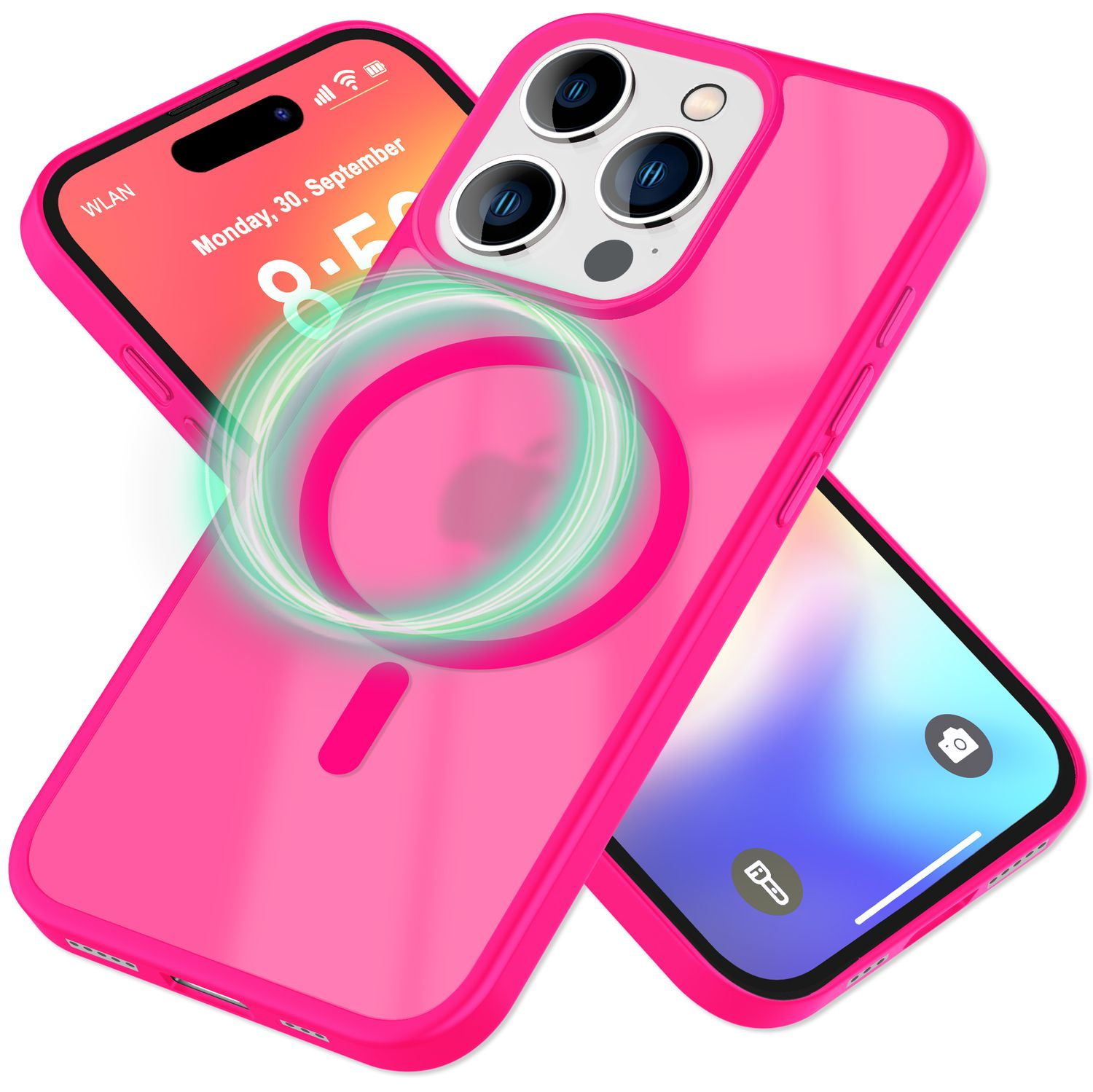 Rosa Telefon mit Hülle, zeigt Bildschirm mit App-Symbolen, ein weiteres Telefon dahinter.