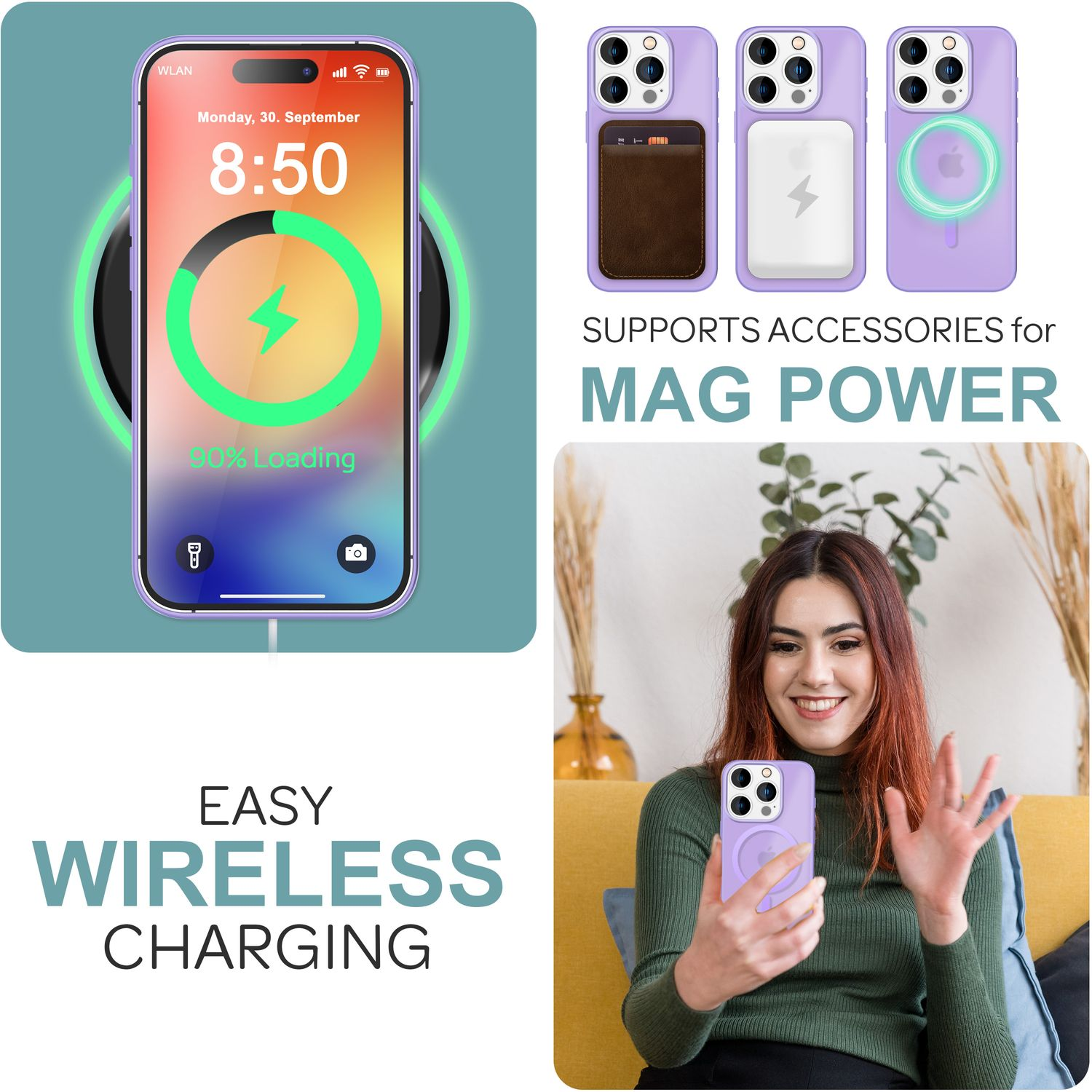 Donna che tiene in mano un telefono in carica wireless. Il telefono mostra il 90% di carica. Accessori Mag Power.
