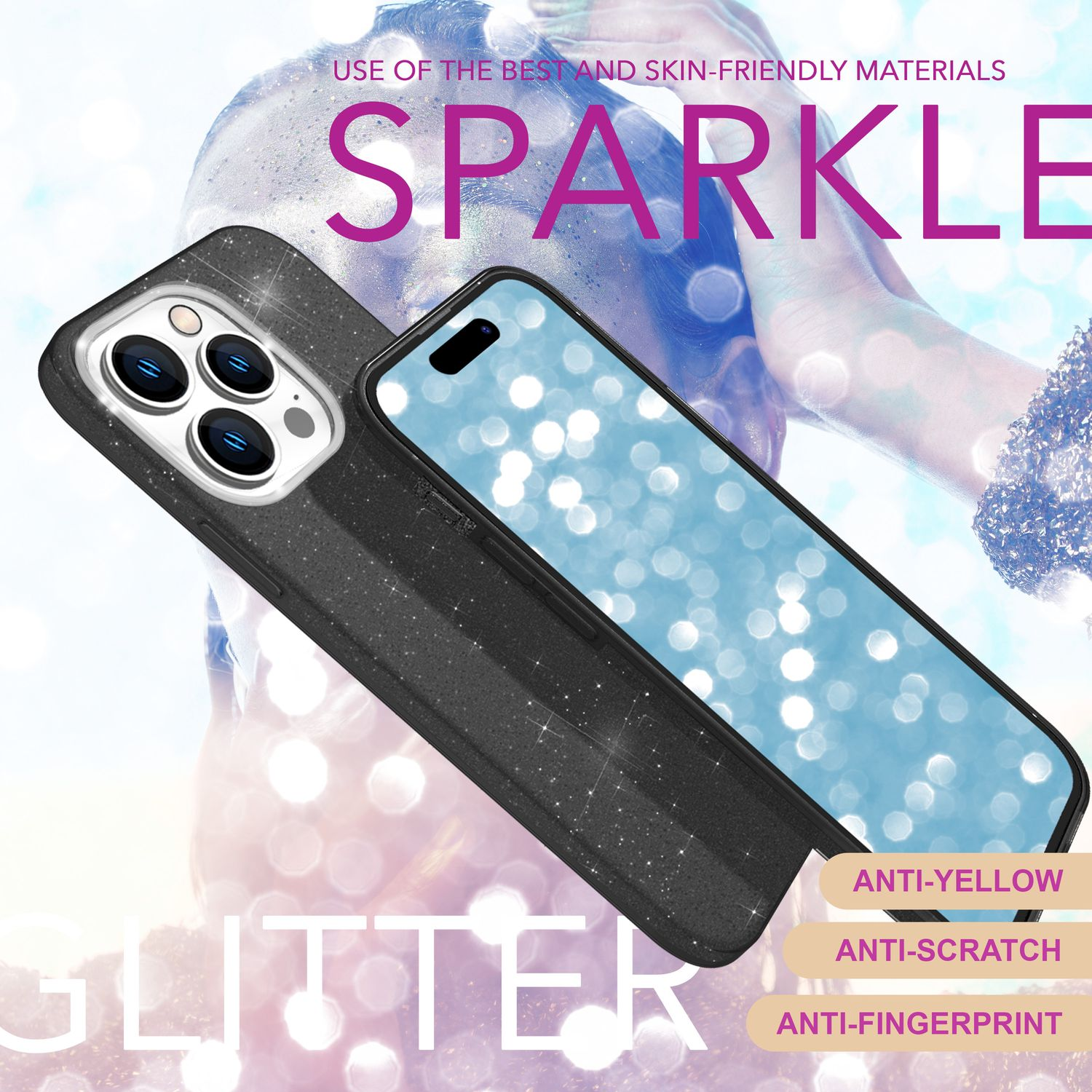 Handyhülle mit Glitzerdesign. Eigenschaften: anti-gelb, kratzfest, anti-Fingerabdruck.