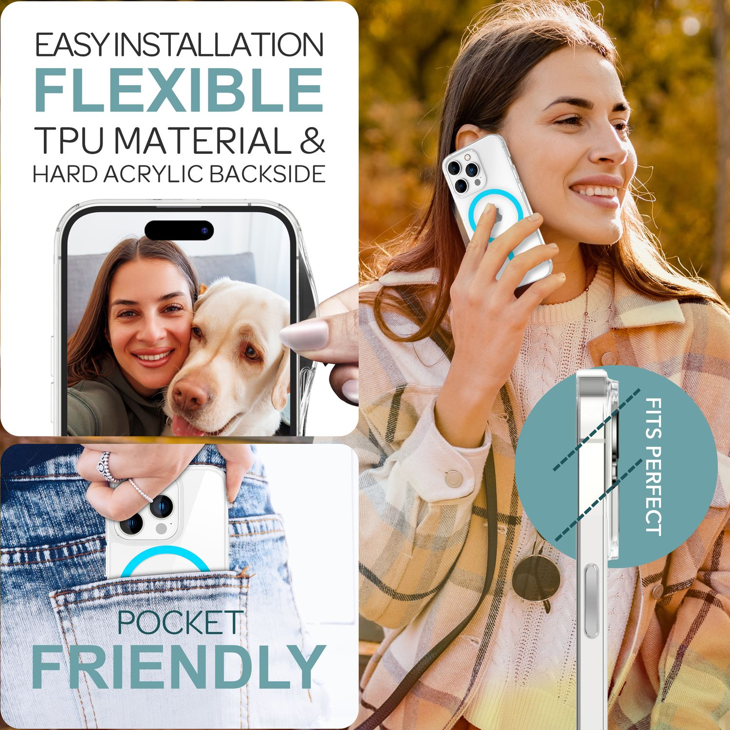 Frau mit Telefon in Hülle, Bild von Hund und Frau in Hülle und taschenfreundlicher Text.