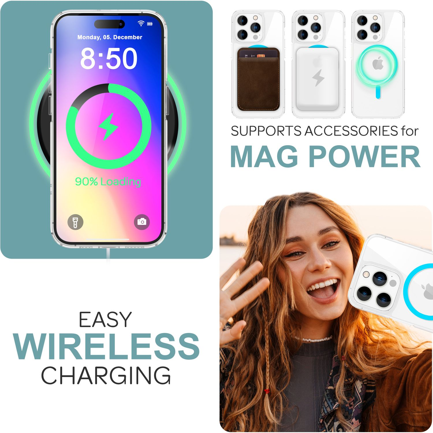 Ein Telefon, das auf einem kabellosen Ladegerät aufgeladen wird. Frau mit Telefon und Zubehör für Mag Power werden ebenfalls gezeigt.