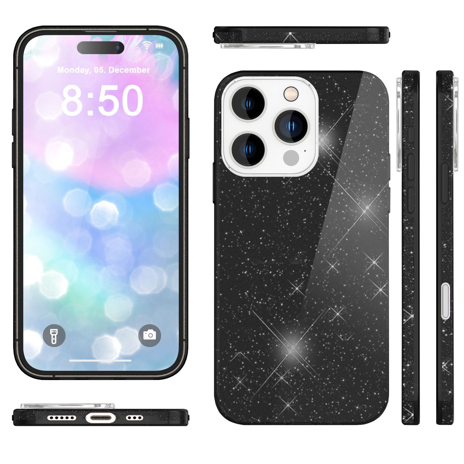 Ein Telefon mit schwarzer Sternen-Hülle. Der Bildschirm zeigt die Uhrzeit und einen verschwommenen Hintergrund. Verschiedene Winkel.