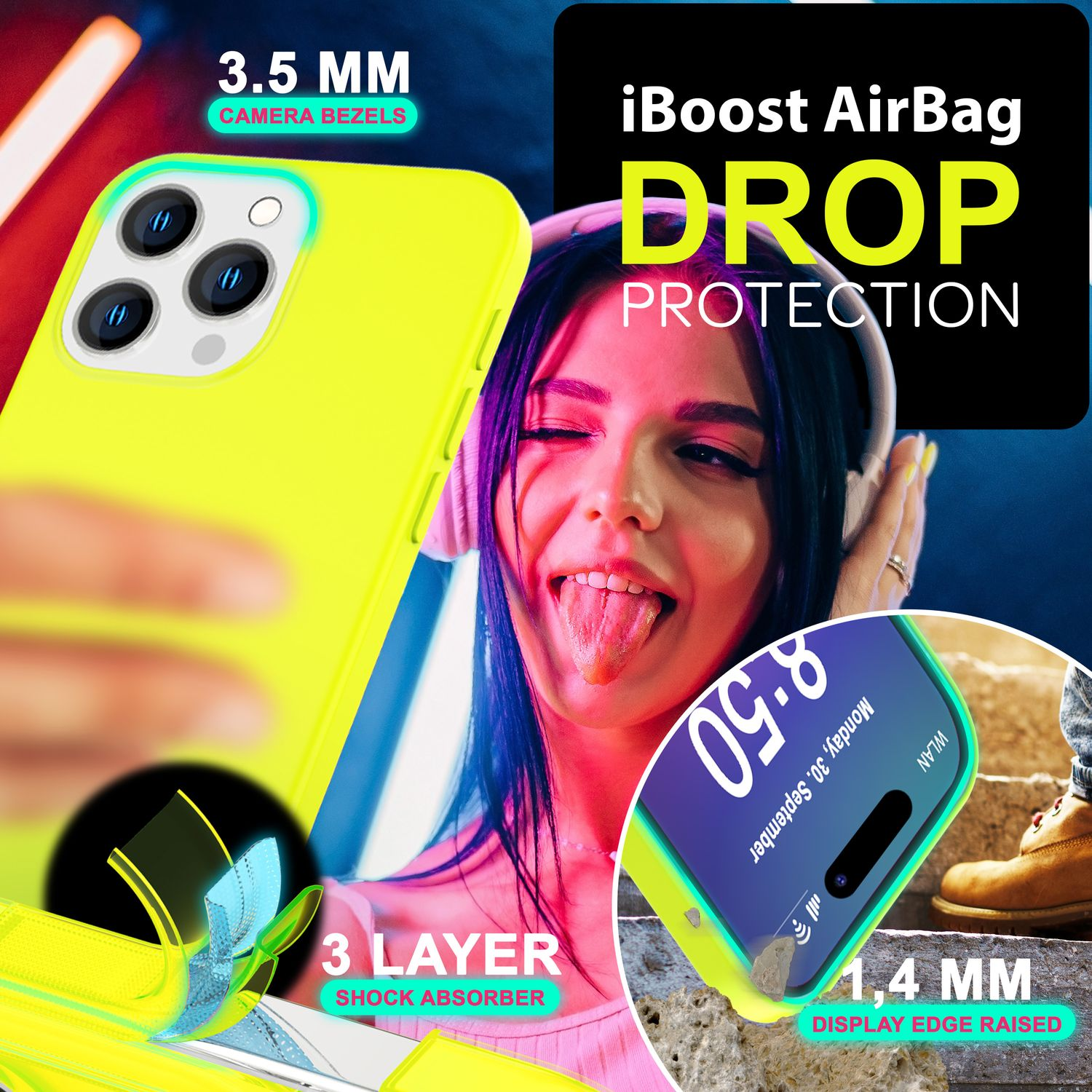 Frau hält ein Telefon mit neongrüner Hülle. Text: iBoost AirBag DROP PROTECTION und 3-Schicht-Stoßdämpfer.