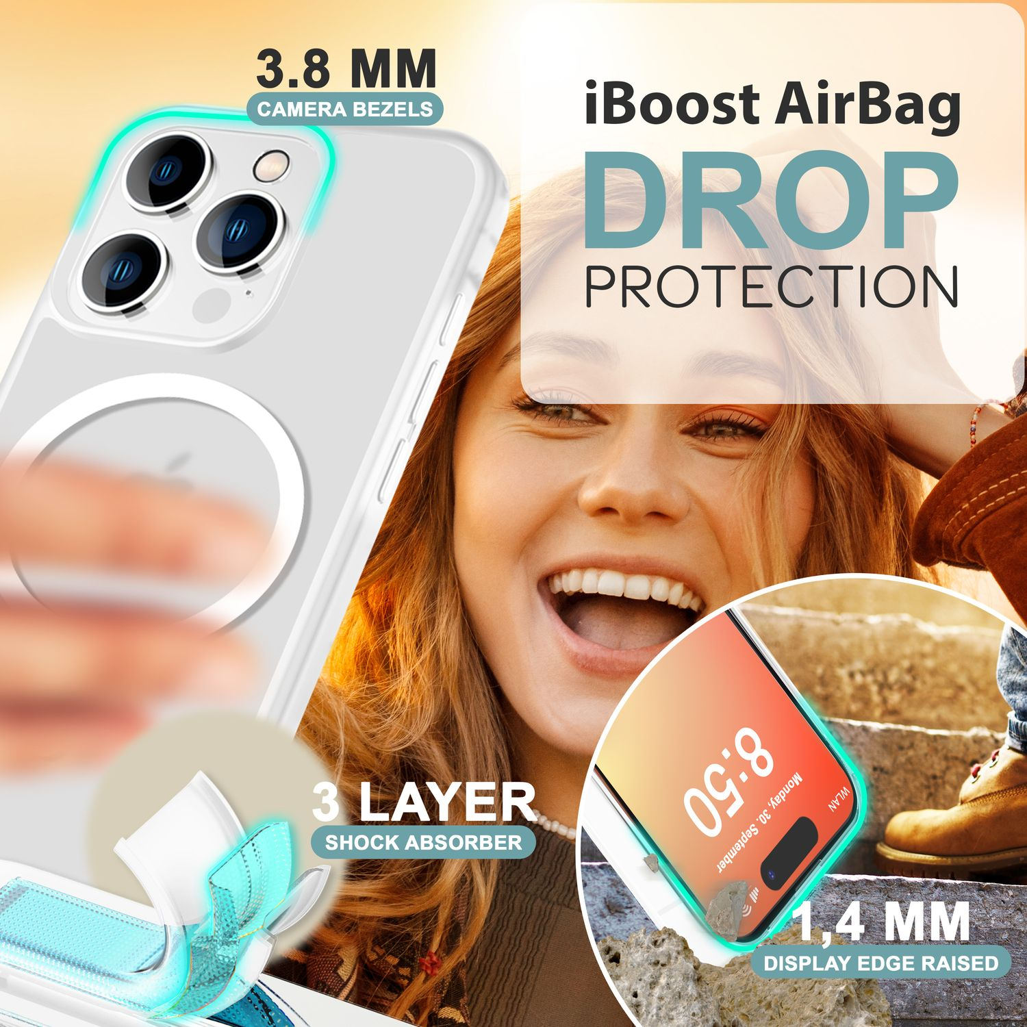 Custodia trasparente con design scintillante. Donna sorridente sullo sfondo. Testo: Protezione dalle cadute e display del telefono.