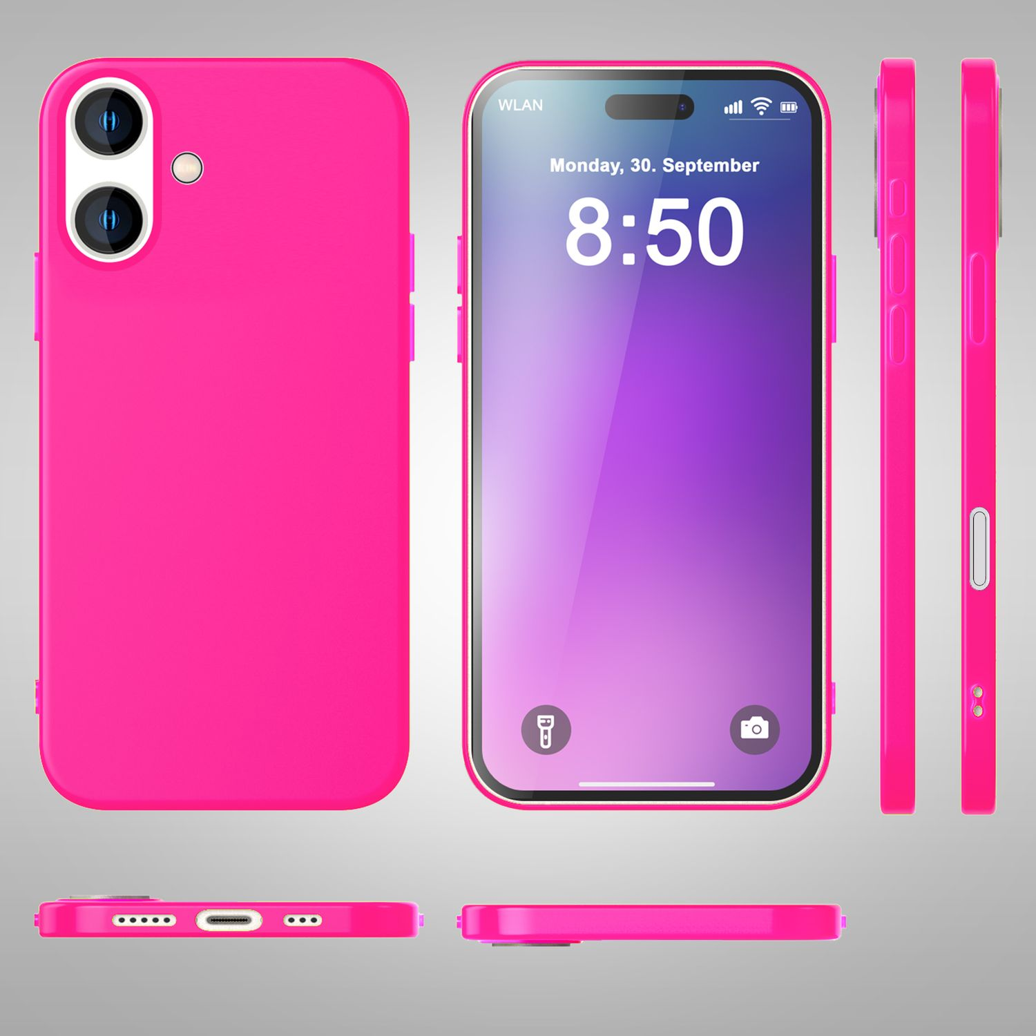 Rosa Smartphone mit schwarzem Bildschirm, die Uhrzeit ist 8:50. Das Telefon befindet sich in einer rosa Hülle.