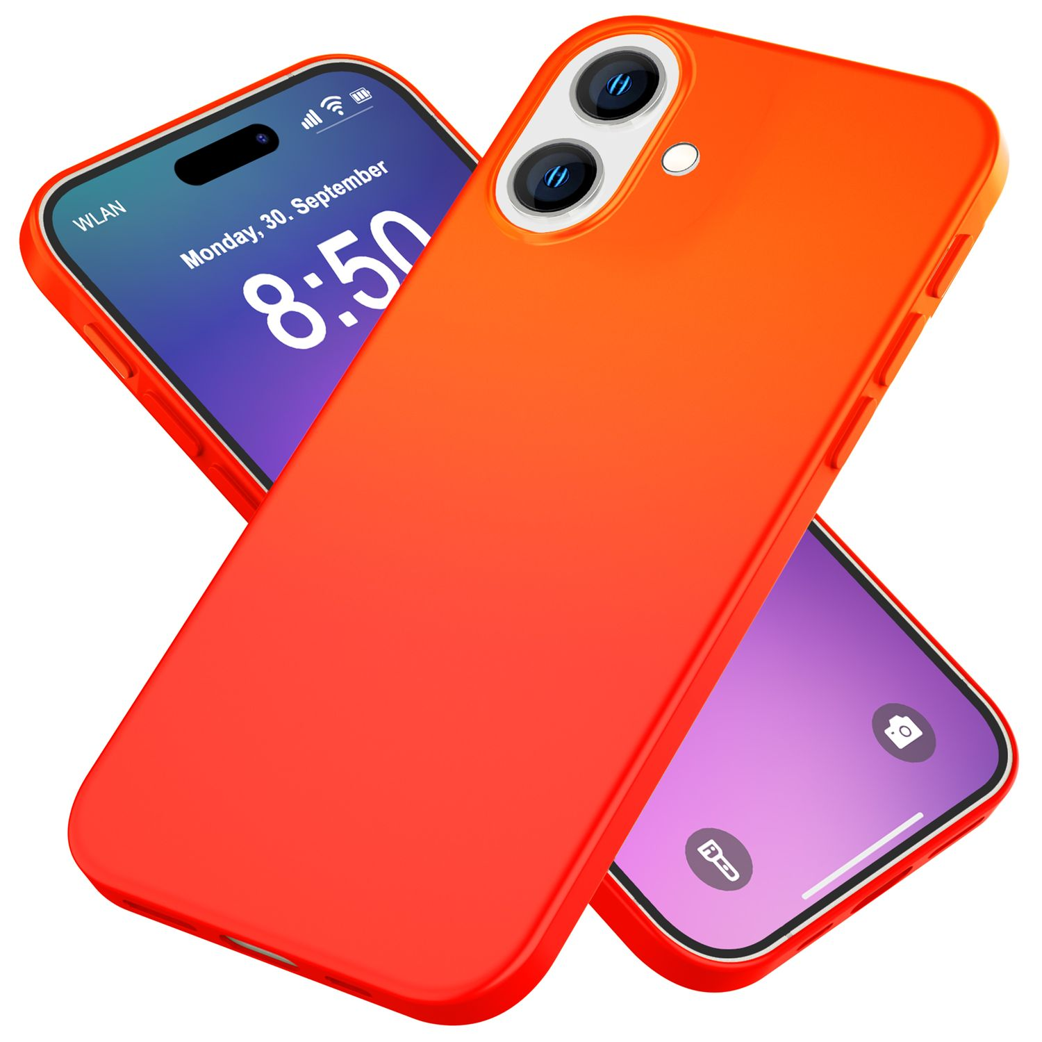 Zwei orangefarbene Telefone. Eines zeigt Datum und Uhrzeit, das andere ein Kamerasymbol.