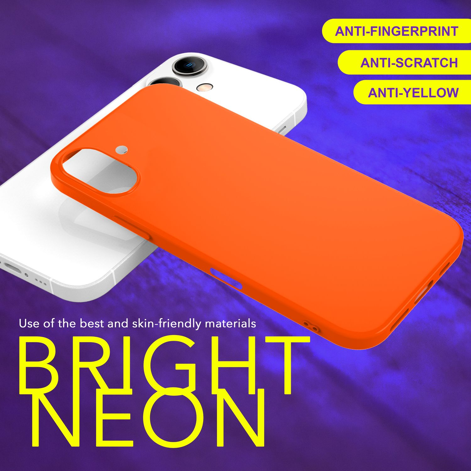Helle neonorange Handyhülle neben einem weißen Telefon. Text zeigt hautfreundliche Materialien.