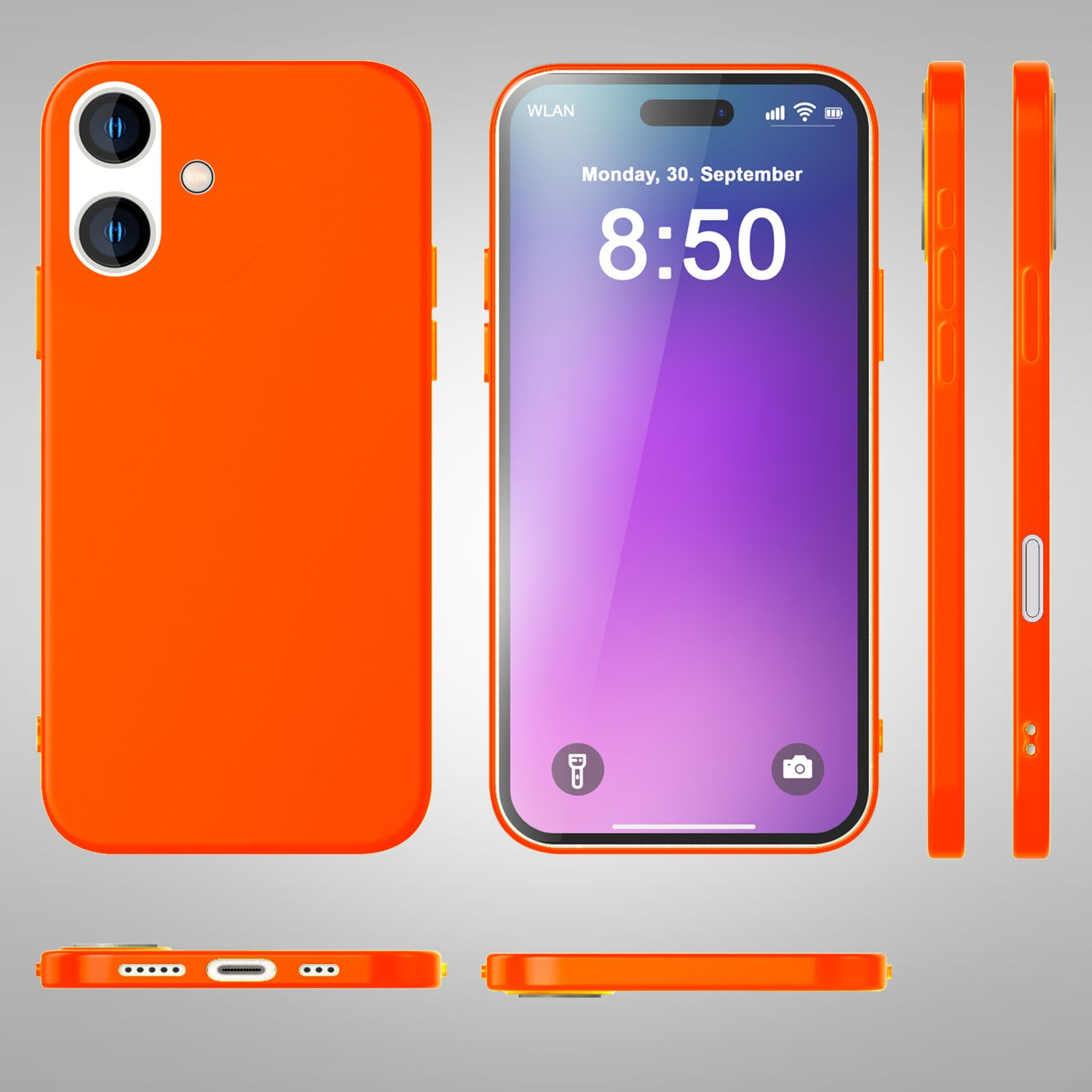 Eine orangefarbene Handyhülle mit einem Smartphone mit der Uhrzeit 8:50 und die anderen Seiten der Hülle.