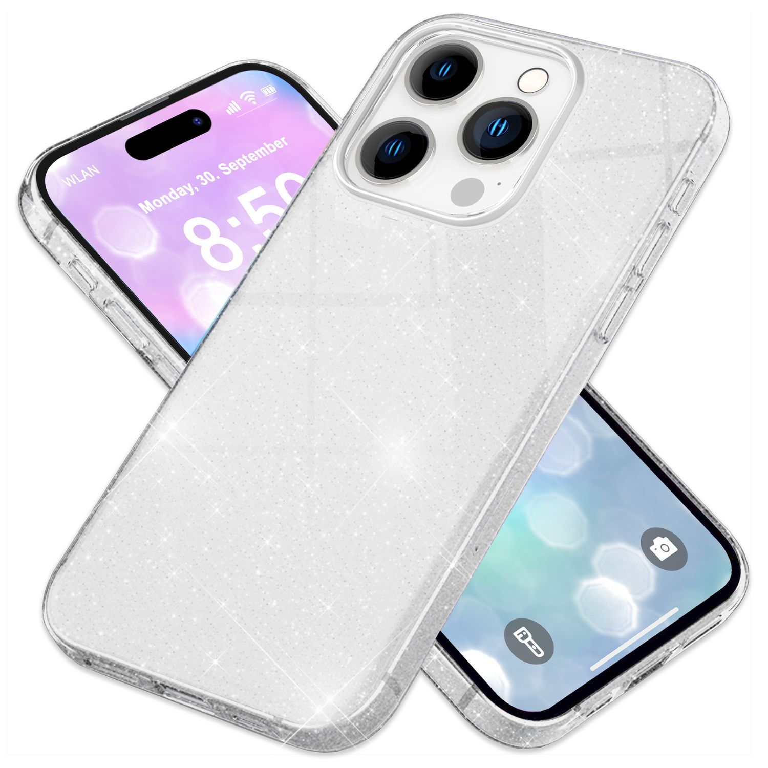 Zwei transparente Handyhüllen mit iPhones. Telefone zeigen Uhrzeit an.