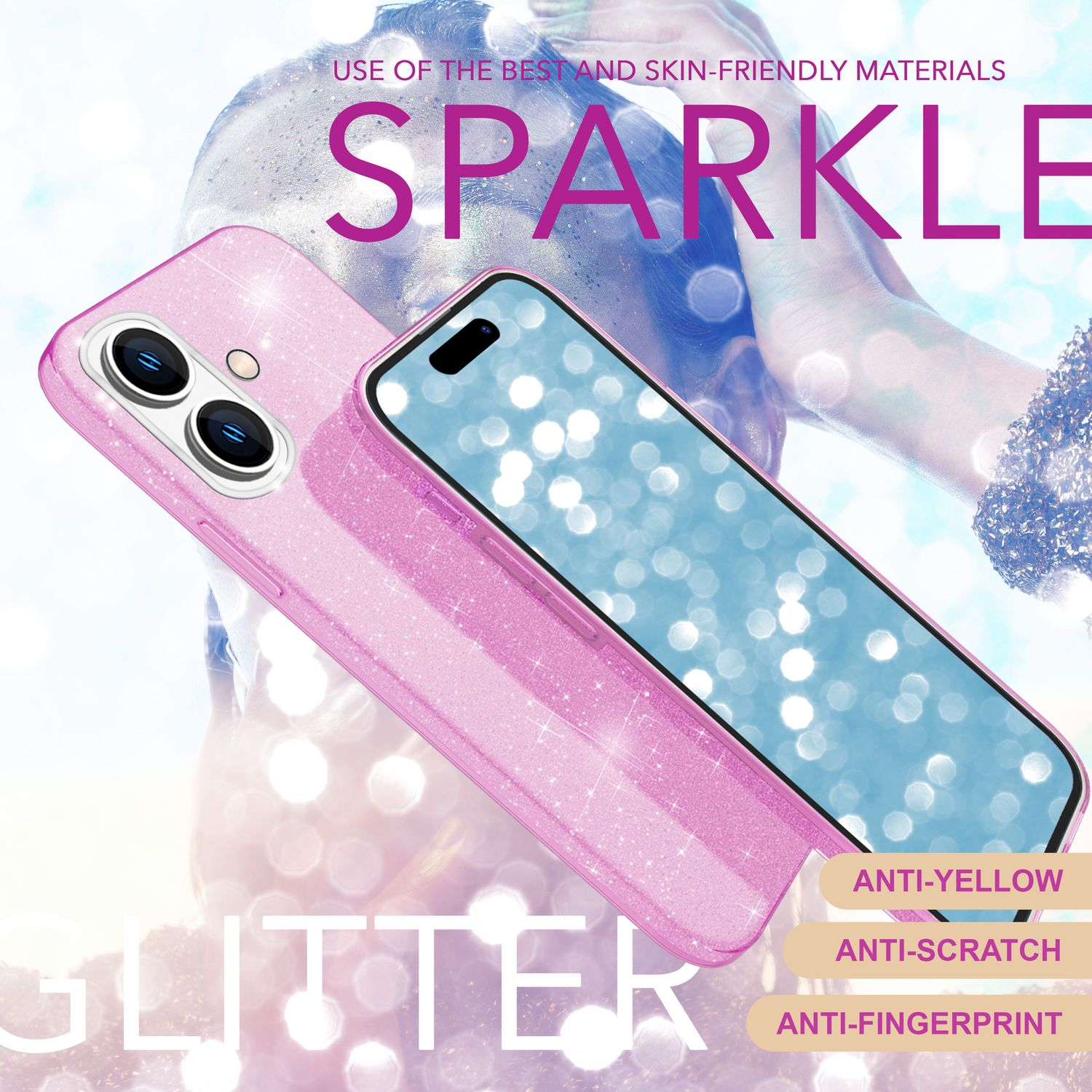 Eine pinke, glitzernde Handyhülle mit einem Telefon darin, mit Text über ihre Anti-Gelb-, Kratz- und Fingerabdruck-Eigenschaften.