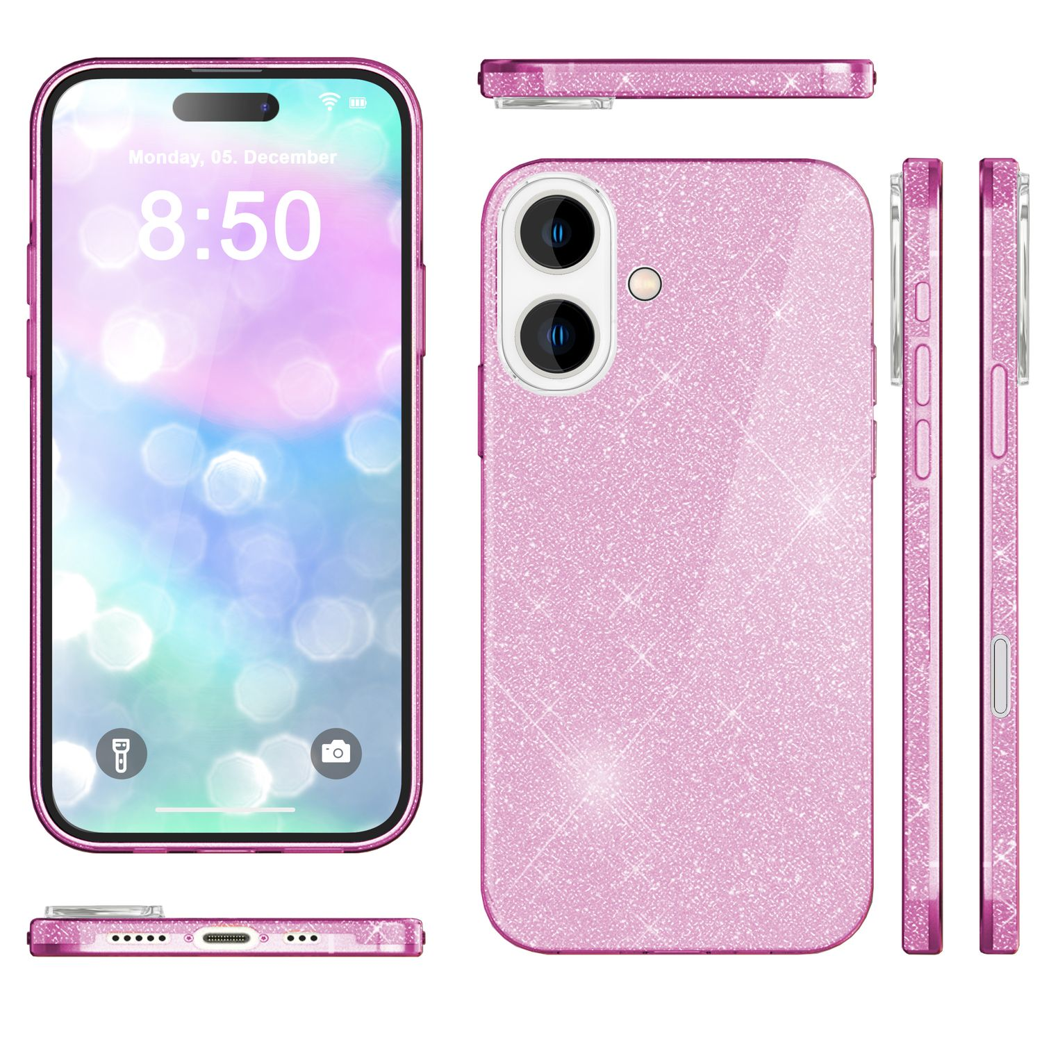 Rosa Handyhülle mit Glitzer und einem Telefon, das die Uhrzeit anzeigt.