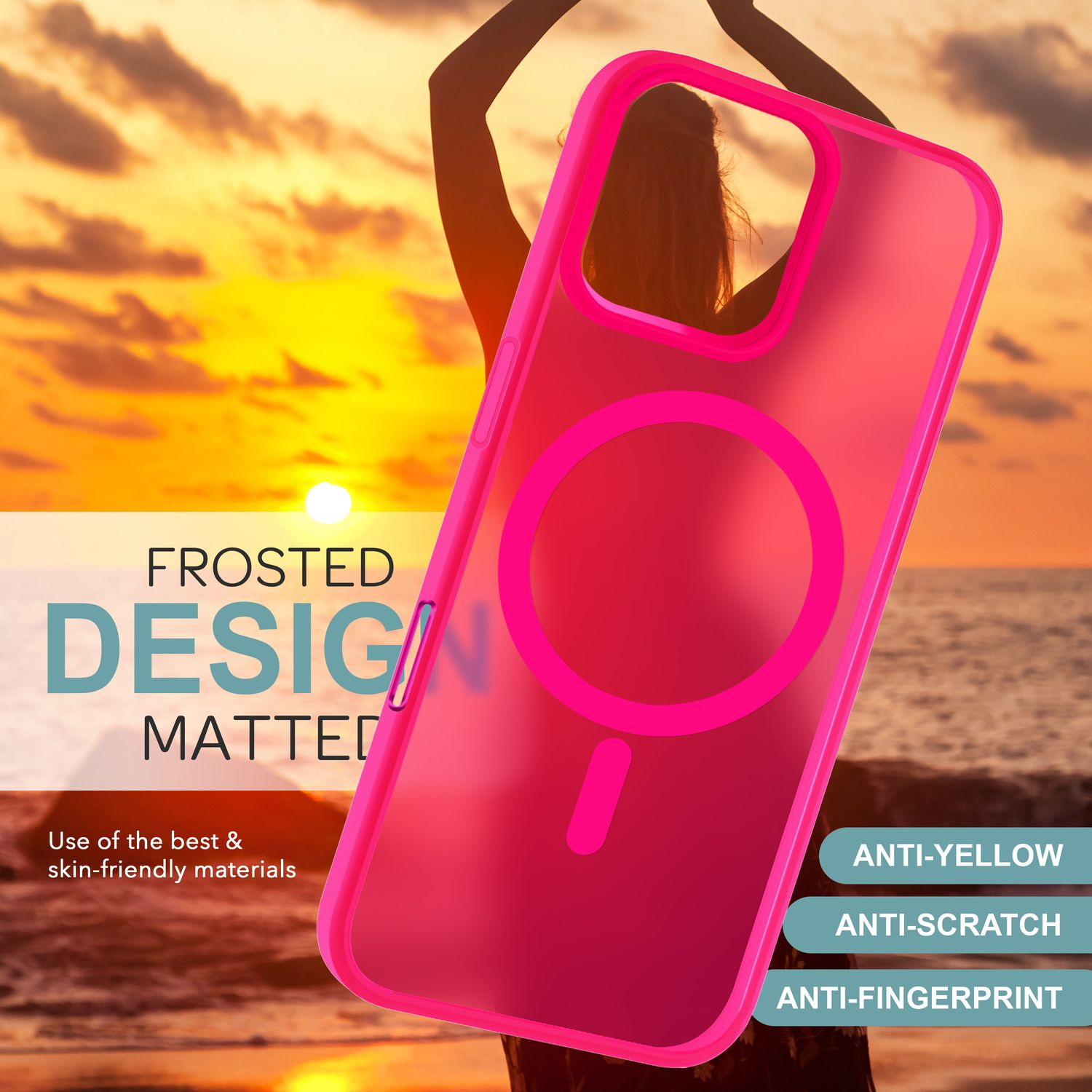 Custodia per telefono rosa con design smerigliato. Lo sfondo mostra un tramonto sull'oceano.