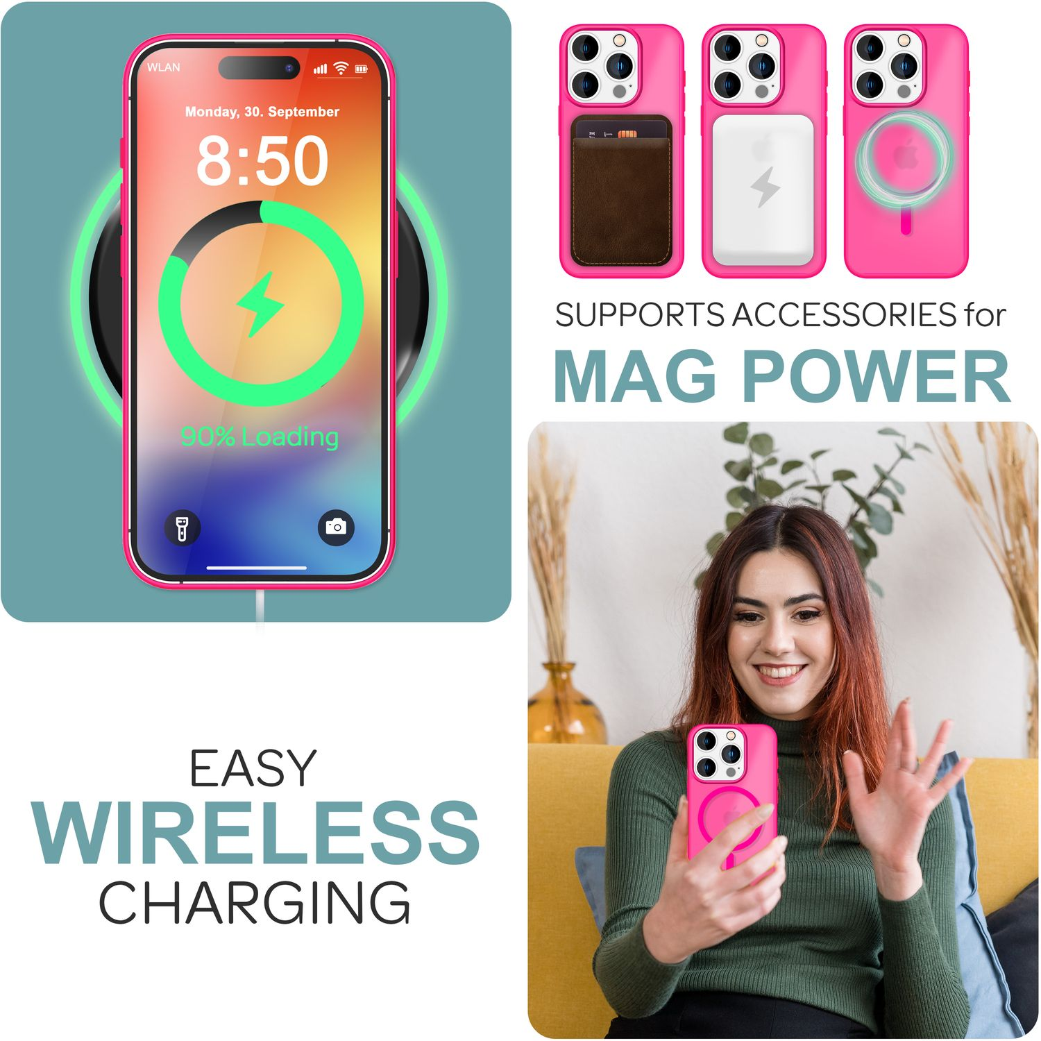 Ein Telefon, das drahtlos mit einer rosa Hülle aufgeladen wird, mit Zubehör und Frauenbild.