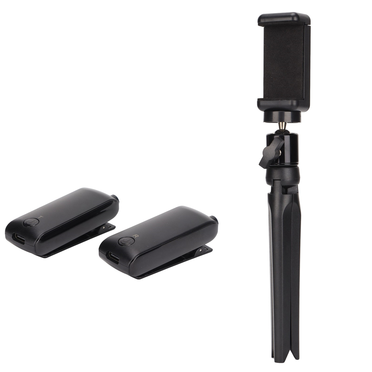 Zwei schwarze drahtlose Mikrofone mit Clips und ein schwarzer Stativ-Telefonhalter.