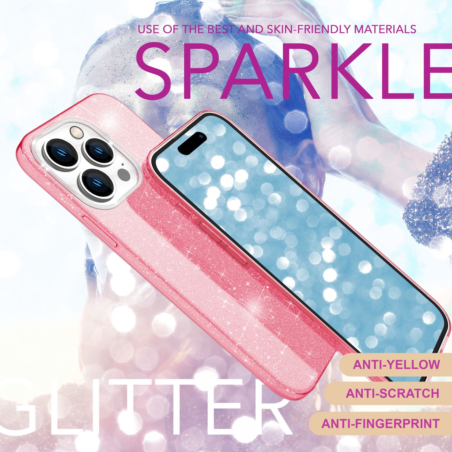 Pinke Handyhülle auf einem Telefon, Glitzereffekt. Text: Sparkle, Glitter, Anti-Gelb, Anti-Kratzer, Anti-Fingerabdruck.