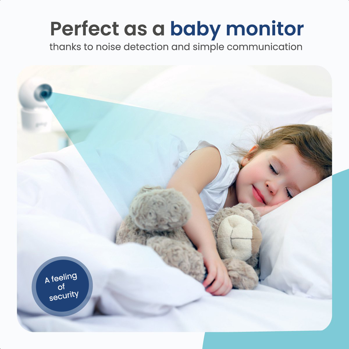 Ein schlafendes Kind mit Teddybären, ein Babyphone projiziert einen blauen Strahl darüber.