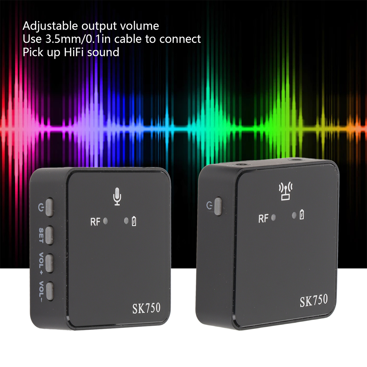 Zwei schwarze Audiosender. Text auf den Geräten enthält SK750 und Tasten zur Steuerung.
