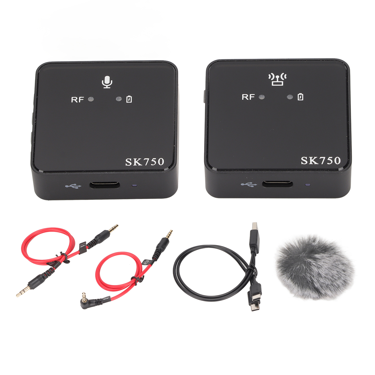 Zwei schwarze Audio-Sender mit Kabeln und eine Mikrofonabdeckung.