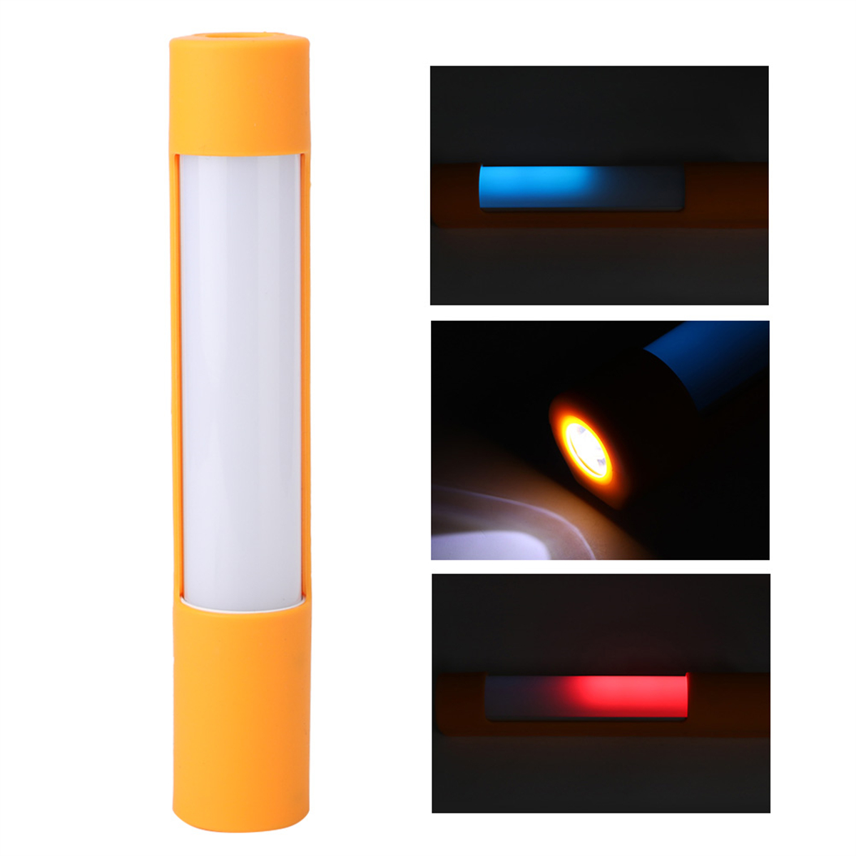 Eine gelbe Röhrenleuchte mit drei Lichtfarboptionen: Blau, Orange und Rot.