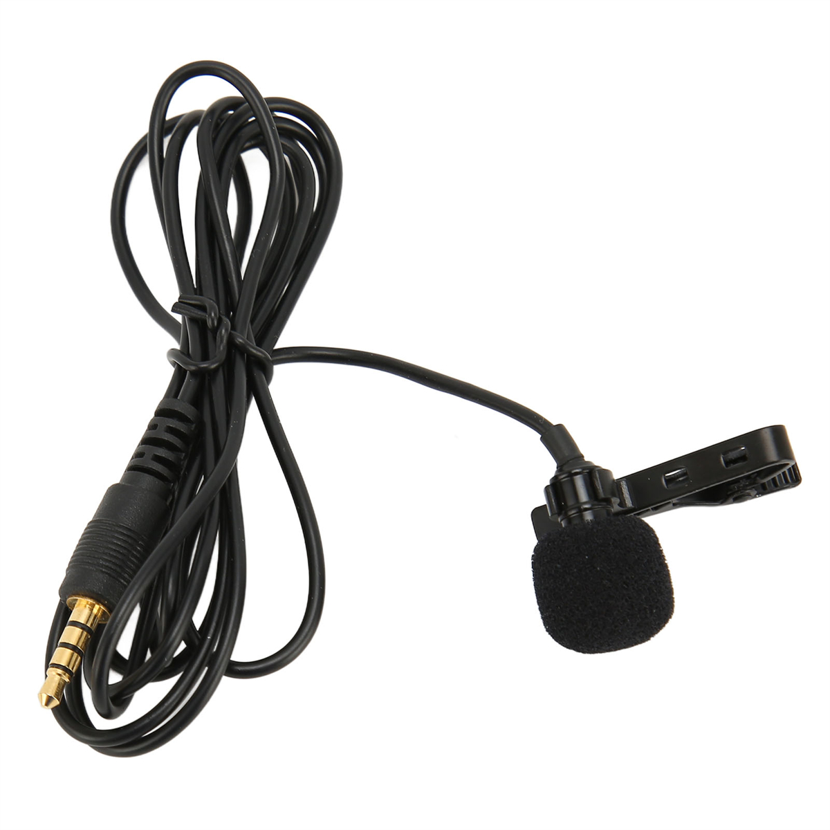 Schwarzes Mikrofon mit Clip und 3,5-mm-Klinke, mit gewickeltem schwarzen Kabel.