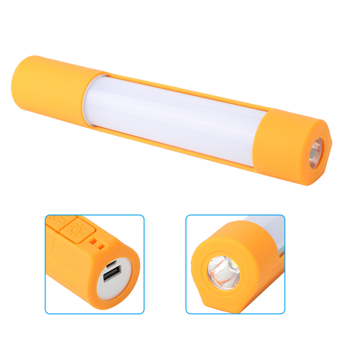 Eine orange-weiße Taschenlampe mit rechteckigem Körper und zwei Nahaufnahmen der Enden.