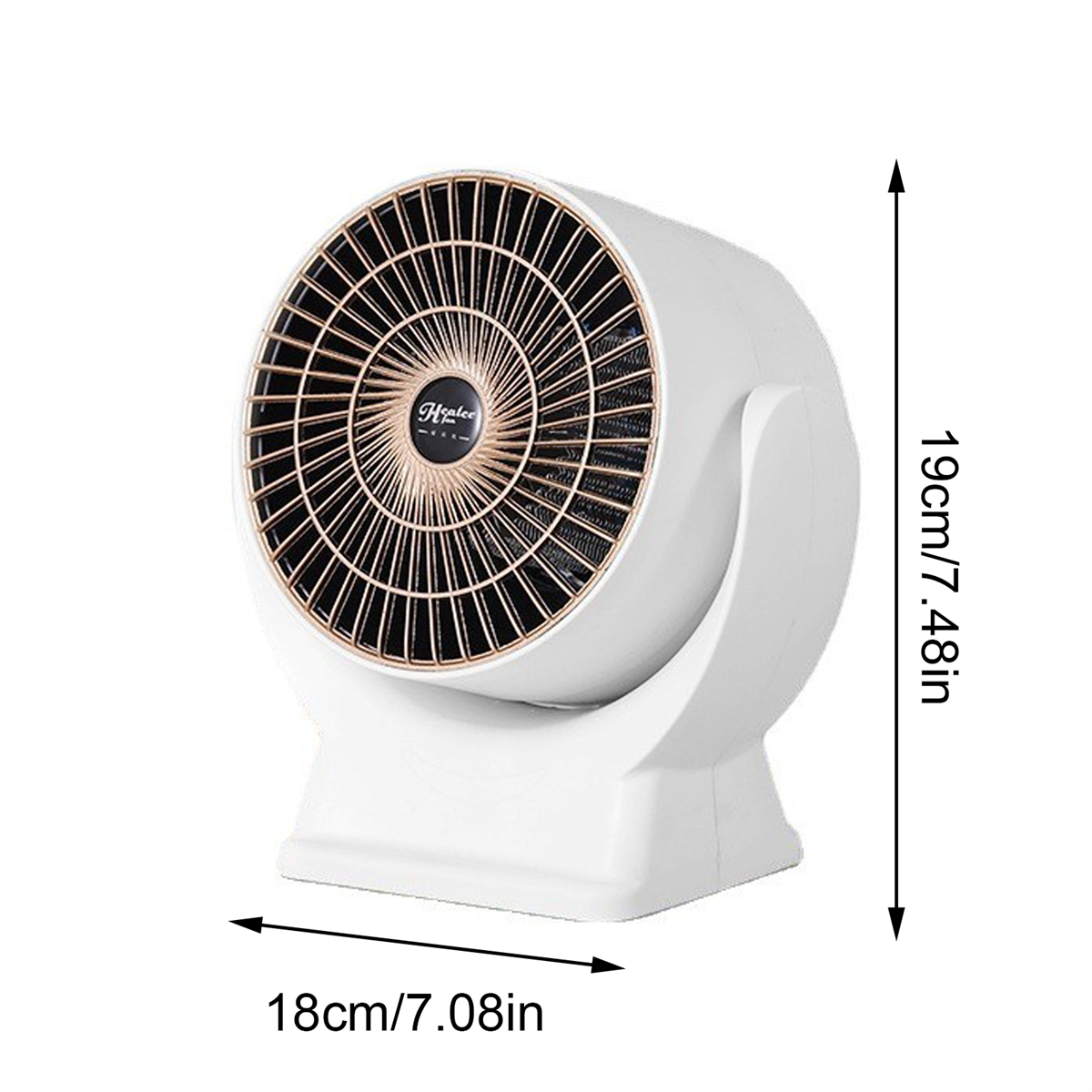 Ein weißer Ventilator mit goldenem Gitter, mit Maßangaben. Die Abmessungen betragen 18cm x 19cm.
