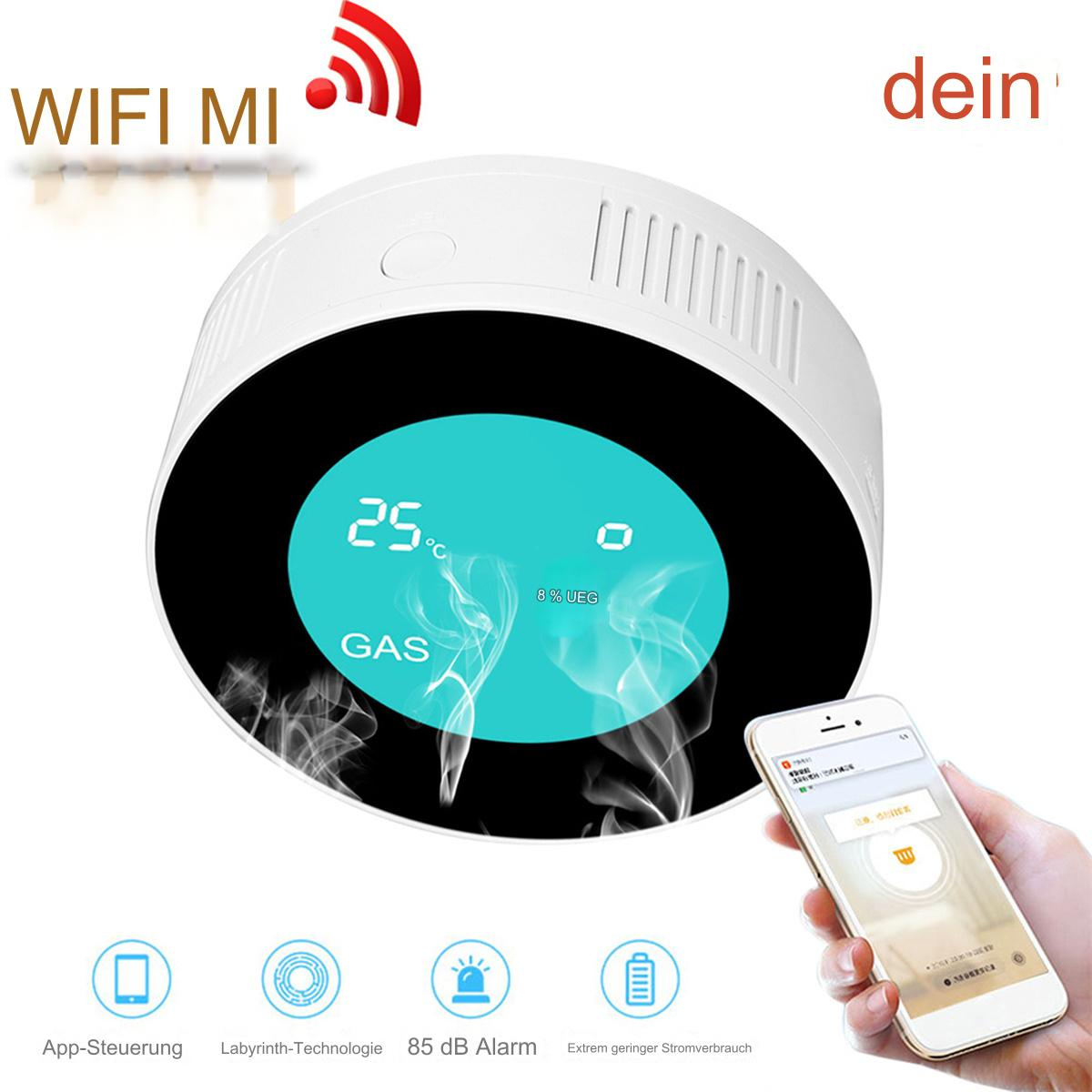 Ein weiß-schwarzer WLAN-Gasdetektor mit Display, das Messwerte anzeigt, einem Telefon und einem WLAN-Signal-Symbol.