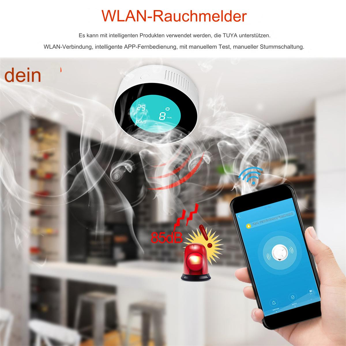 Ein Rauchmelder mit einem Bildschirm, der Zahlen und das Wort 'dein' anzeigt. Ein Telefon zeigt eine App-Oberfläche.