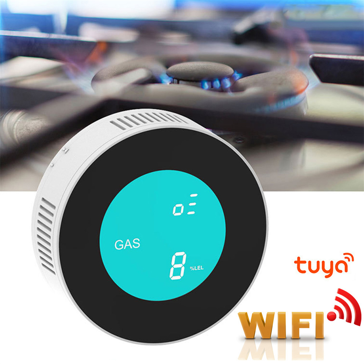 Gasdetektor mit digitaler Anzeige des Gaspegels. WIFI- und Gas-Symbole sind vorhanden.
