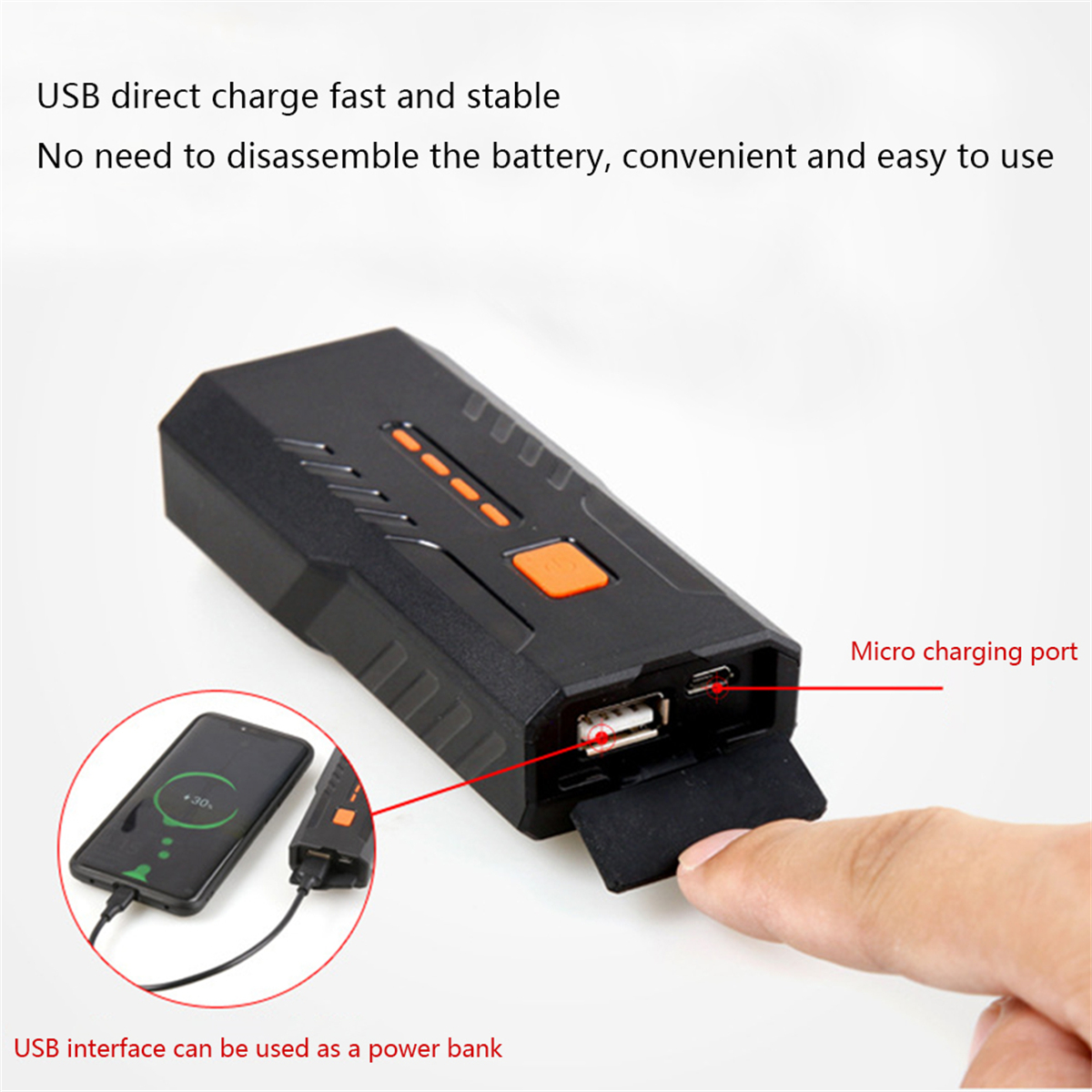 Eine schwarze Powerbank mit Ladeanschluss. Ein Telefon ist mit der Powerbank verbunden.