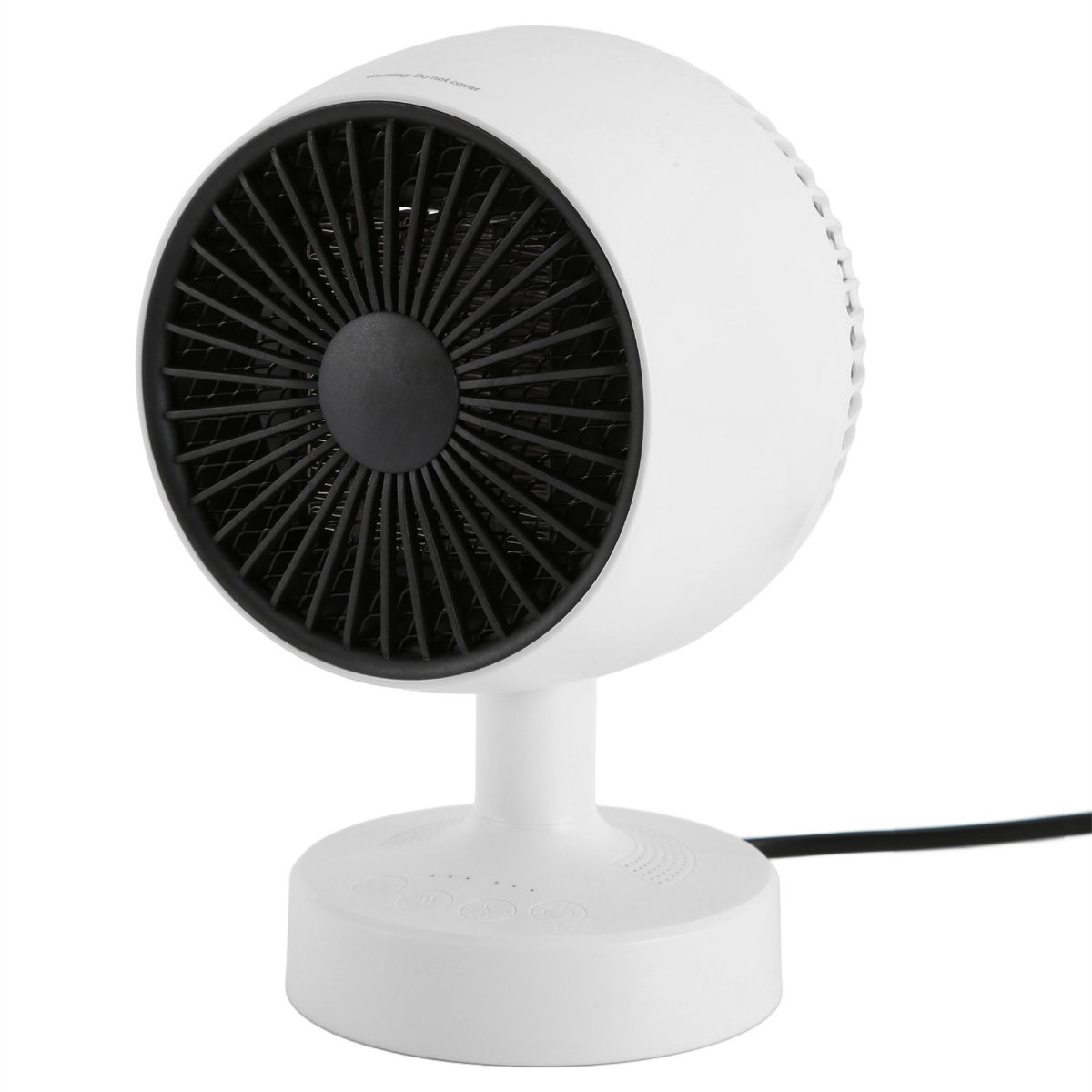 Weißer, runder elektrischer Ventilator mit schwarzem Gitter. Weißer Sockel, Produktaufnahme.