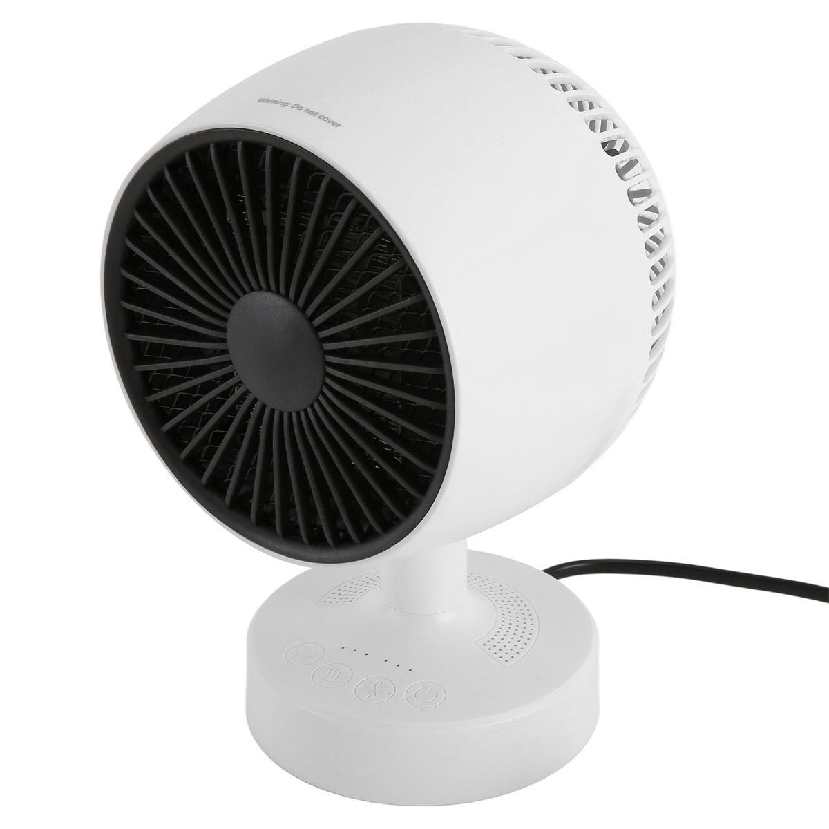 Ein weißer Schreibtischventilator mit schwarzen Flügeln und Bedienfeld. Der Lüfter steht auf weißem Sockel.