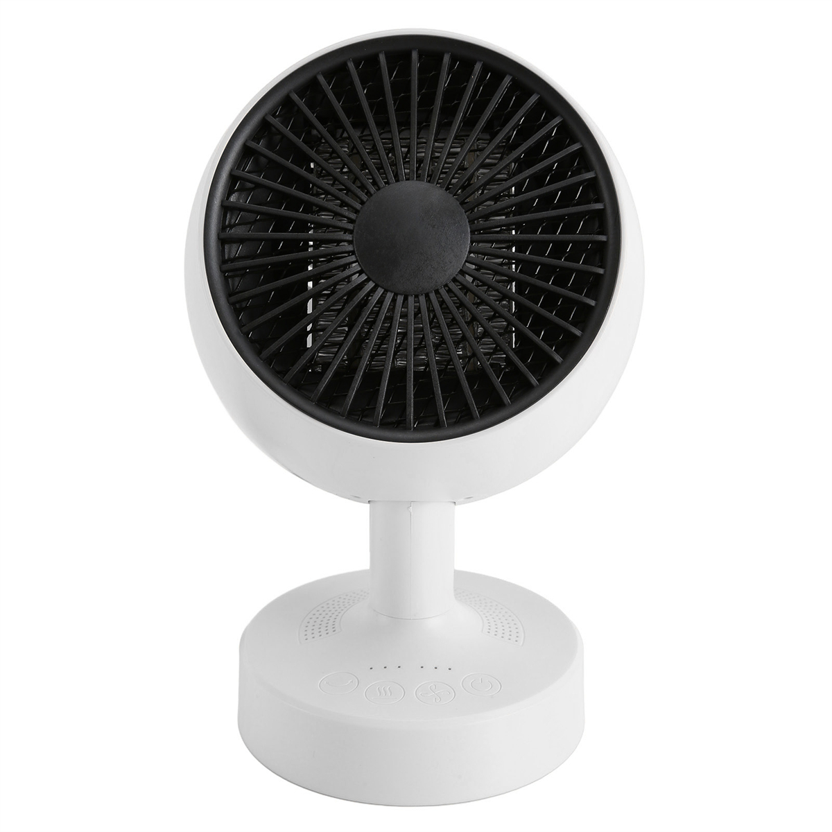 Ein weißer Ventilator auf weißer Basis mit schwarzem Schutzgitter. Drei Knöpfe sind sichtbar.