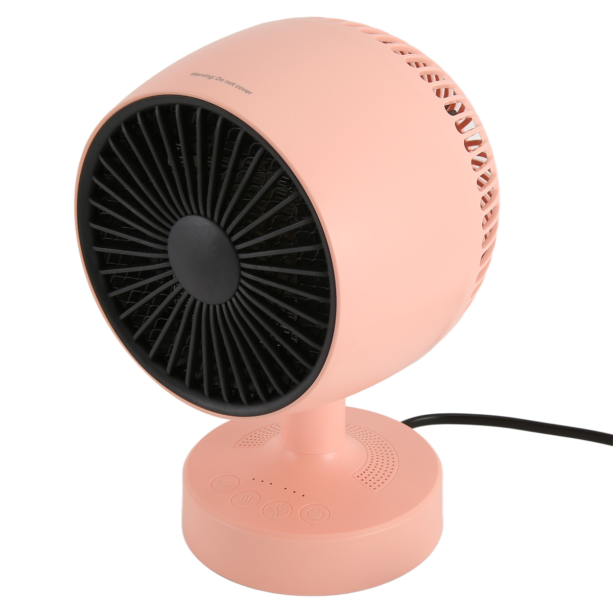 Rosa Ventilator mit schwarzem Gitter und Sockel mit Knöpfen, sowie ein schwarzes Netzkabel.