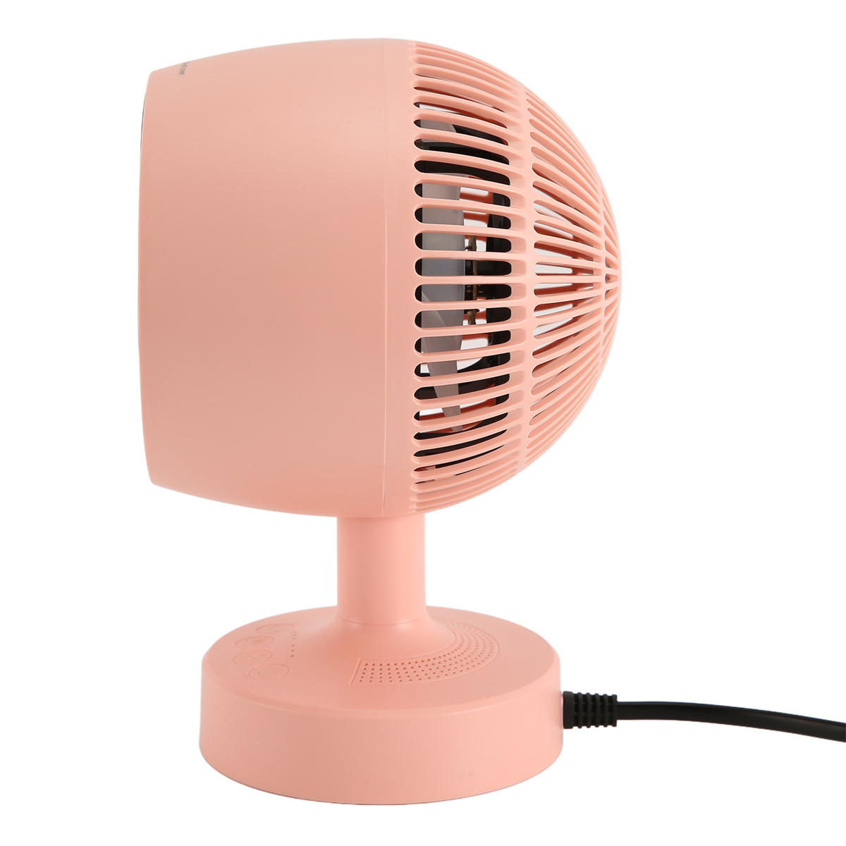 Ein rosa Ventilator. Er hat eine abgerundete Form mit Schlitzen auf der Vorderseite und einem Ständer.